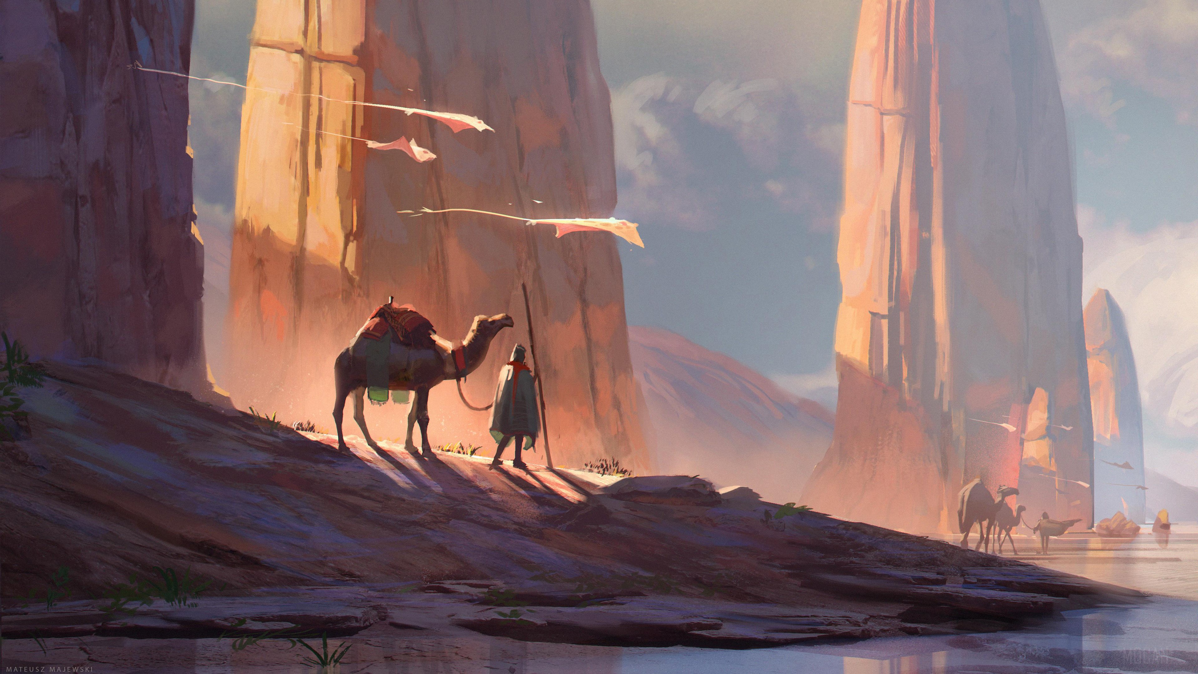Camel caravan in a desert canyon 4K HD Wallpaper