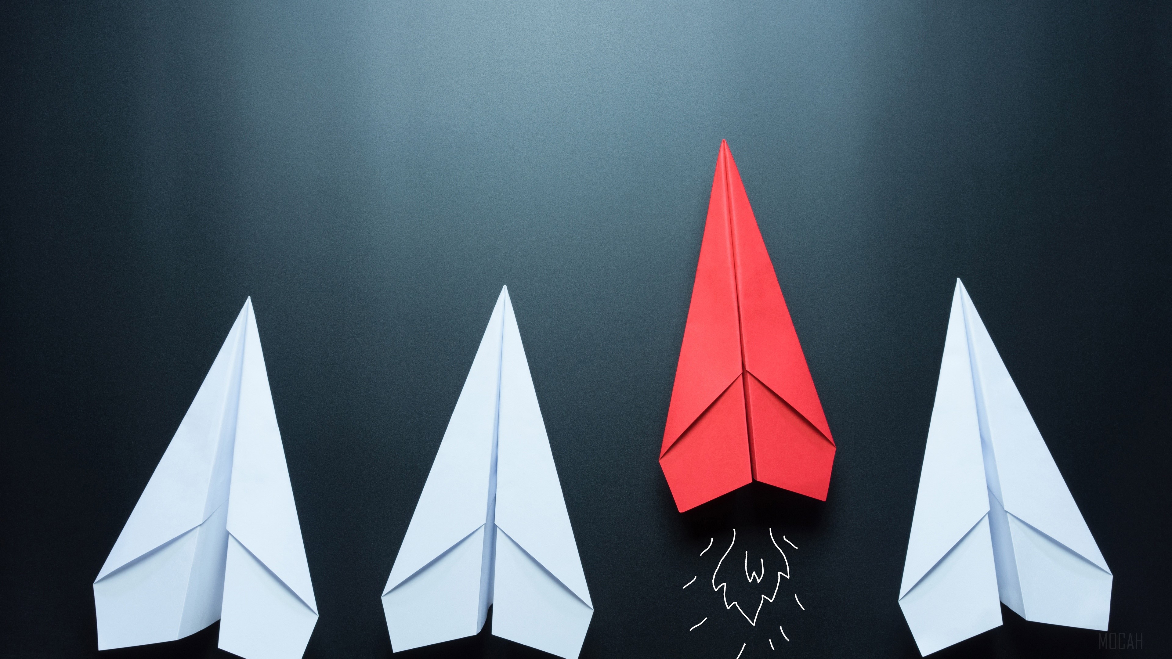 Red paper airplane leads white paper airplanes HD Wallpaper