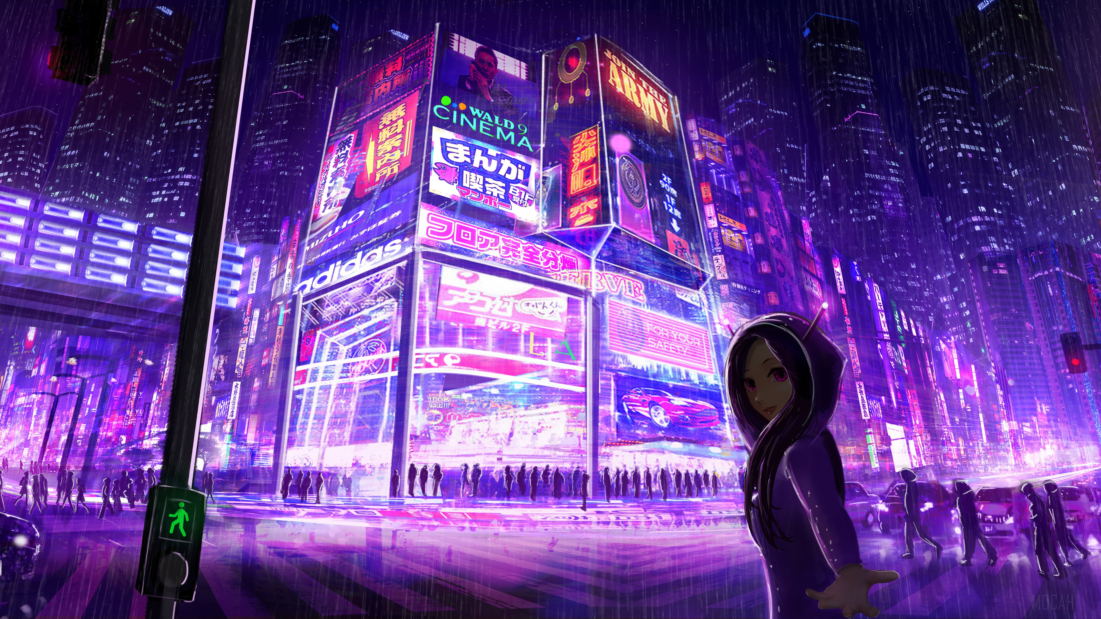 Cyberpunk Cityscape with Girl and Neon Signs 4K HD Wallpaper