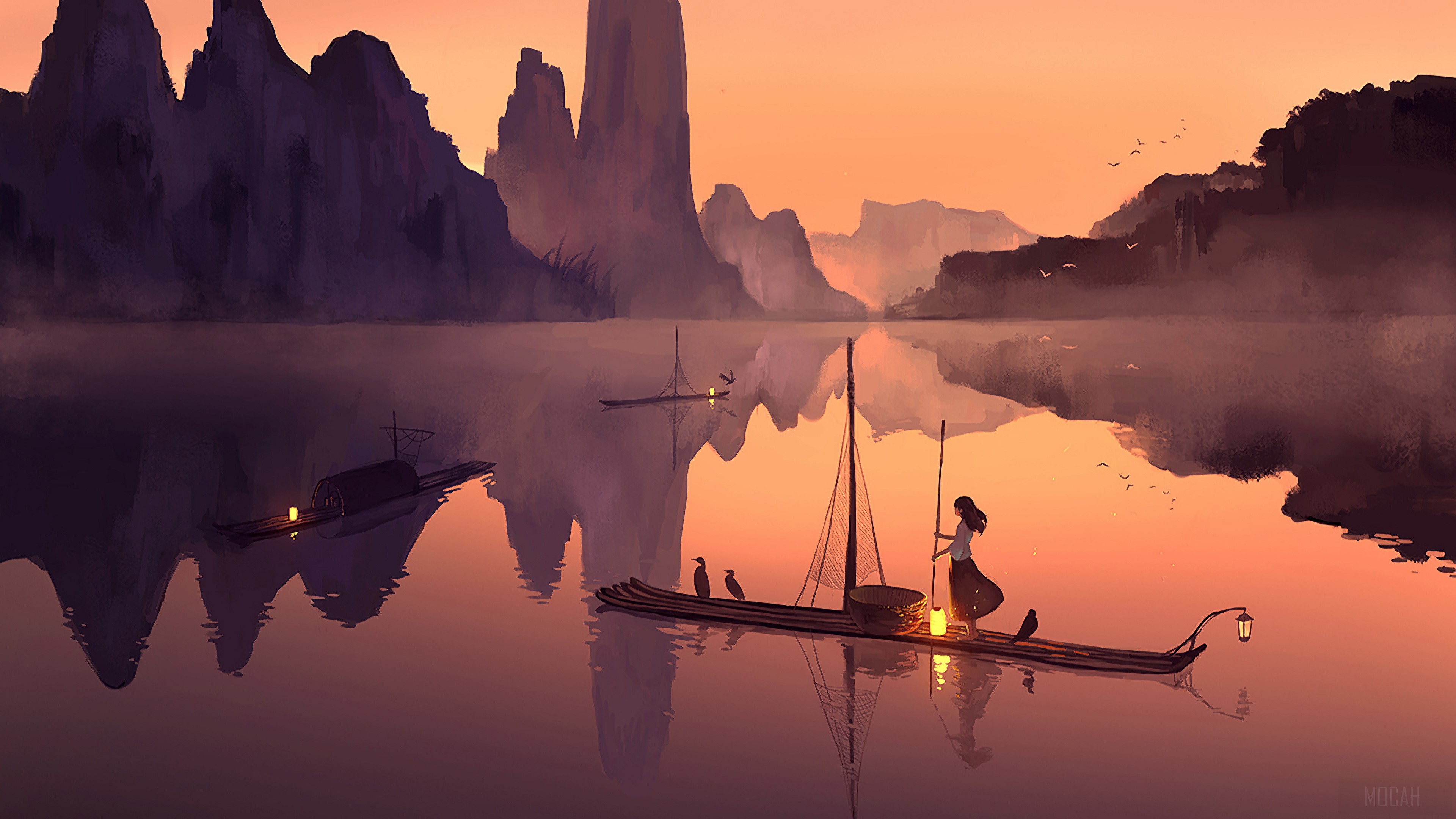 Girl on boat in valley at sunset 4K HD Wallpaper