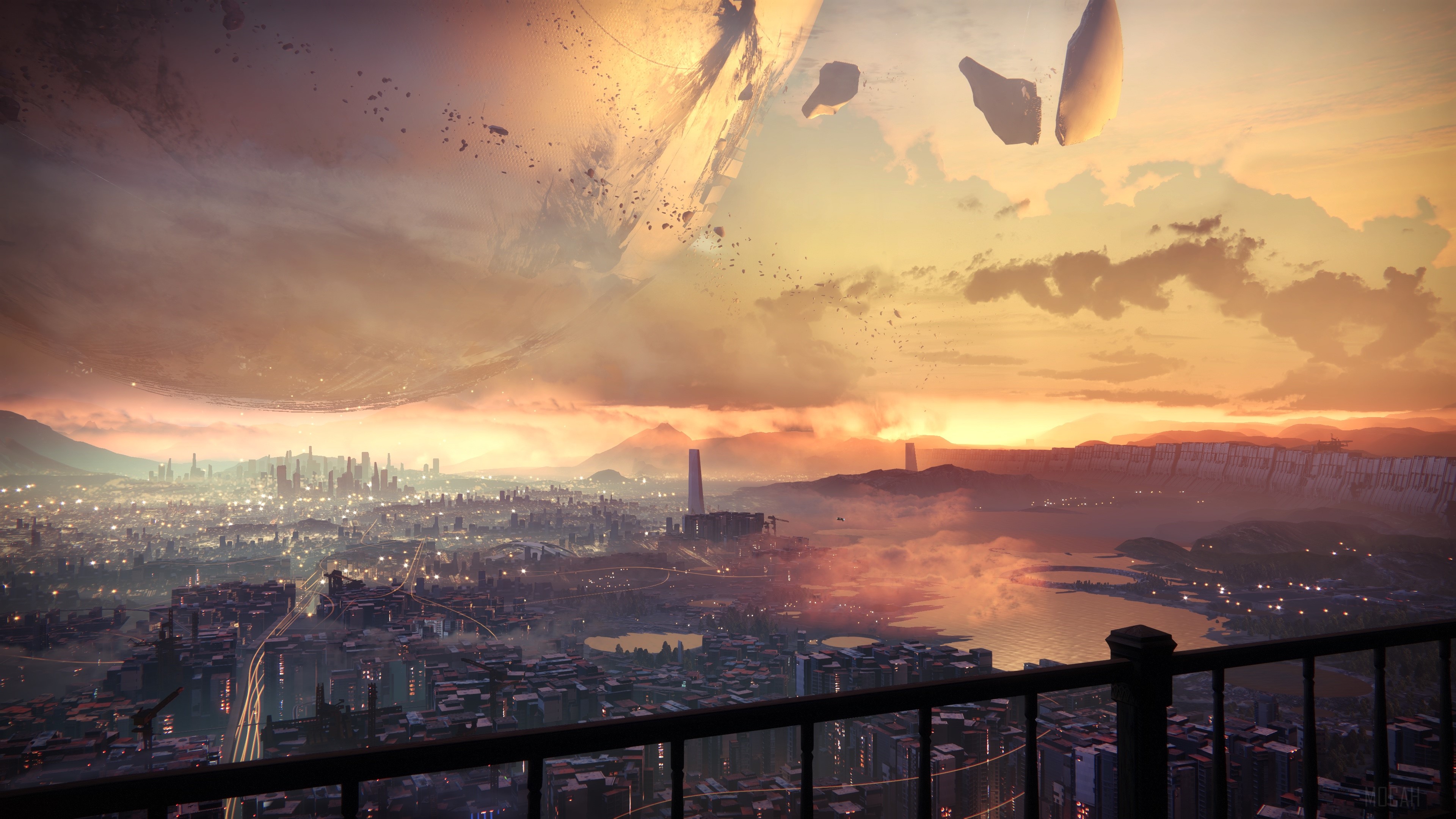 Cityscape with Floating Debris at Sunset 4K HD Wallpaper