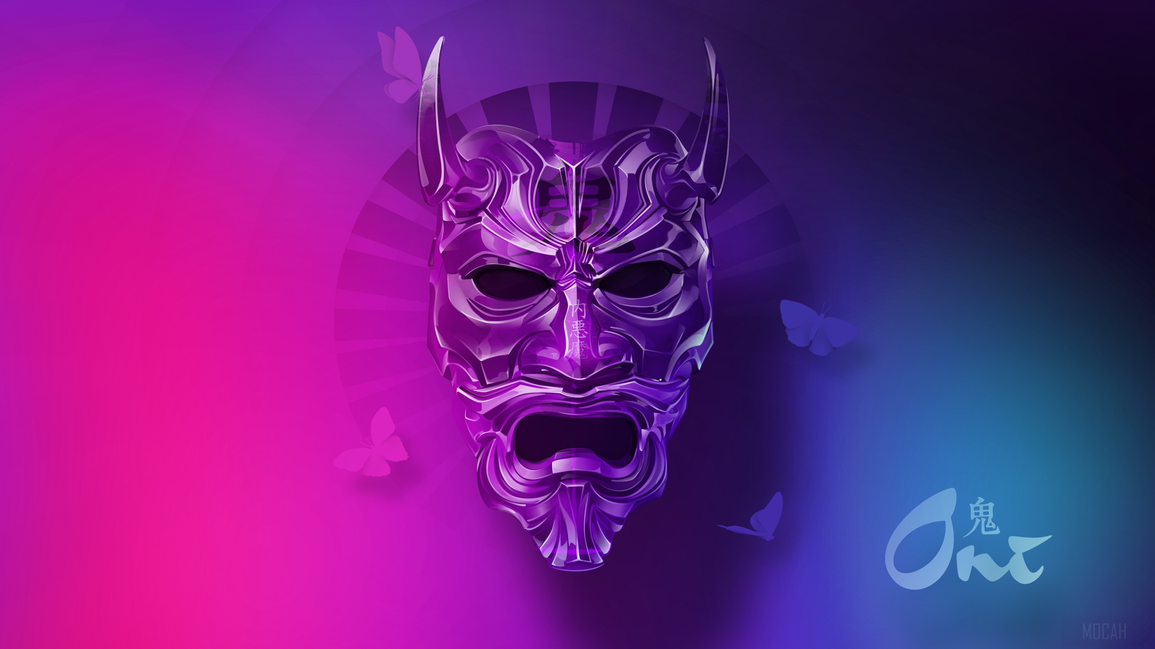 Purple Oni Mask with Butterflies and Japanese Text HD Wallpaper