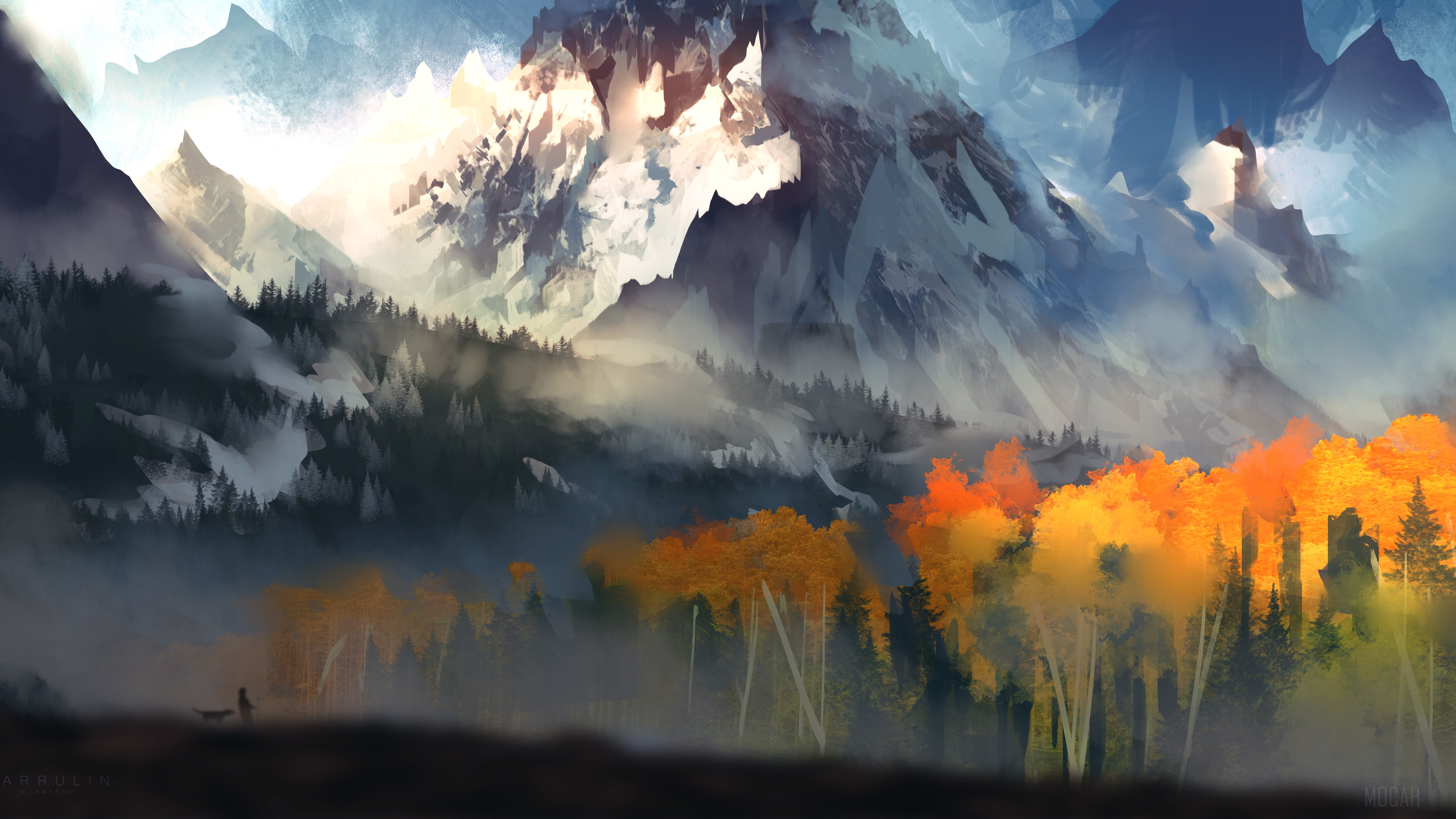 Mountain Landscape with Autumn Trees and Hiker HD Wallpaper