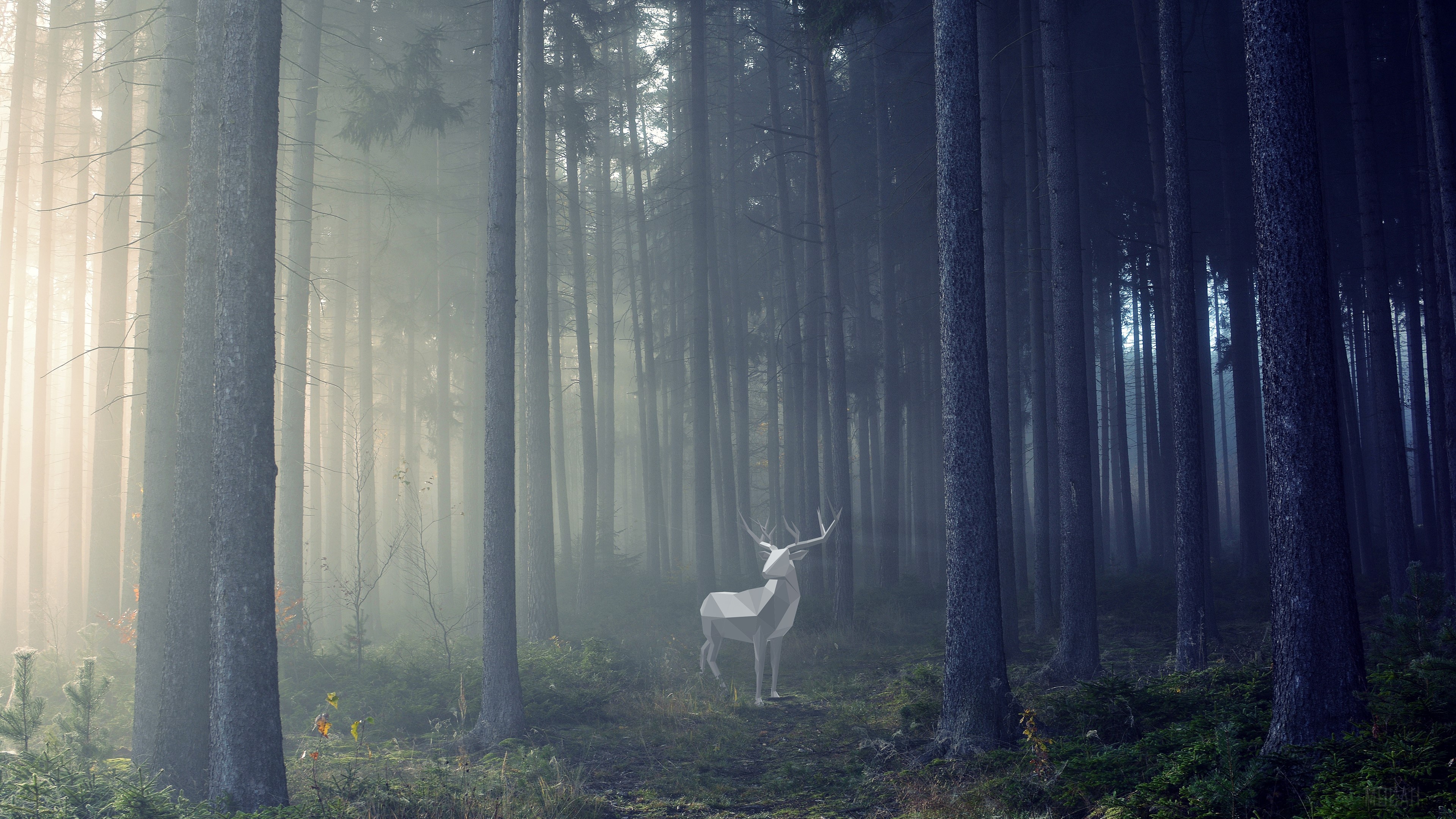 Low-poly deer in a misty forest HD Wallpaper
