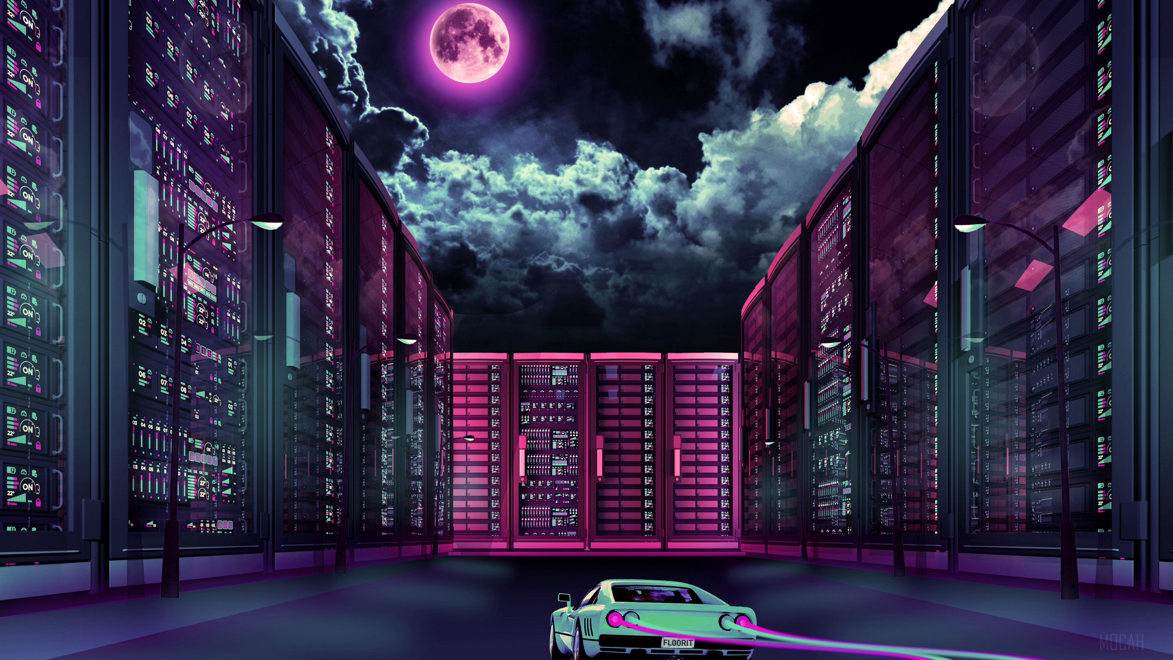 Retrowave car driving through a server room city at night under a pink moon HD Wallpaper