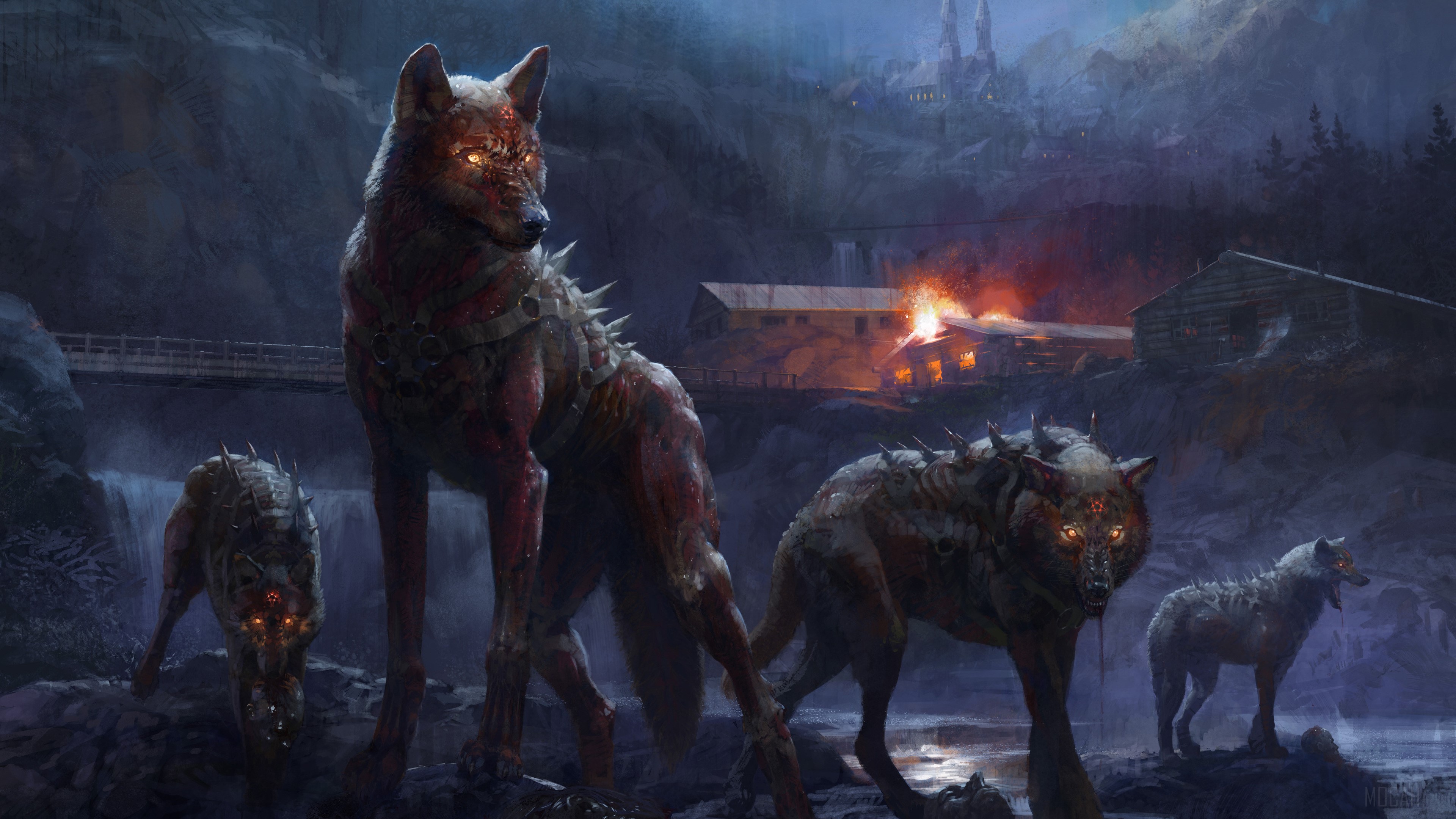 Demonic wolves in a burning village 4K HD Wallpaper