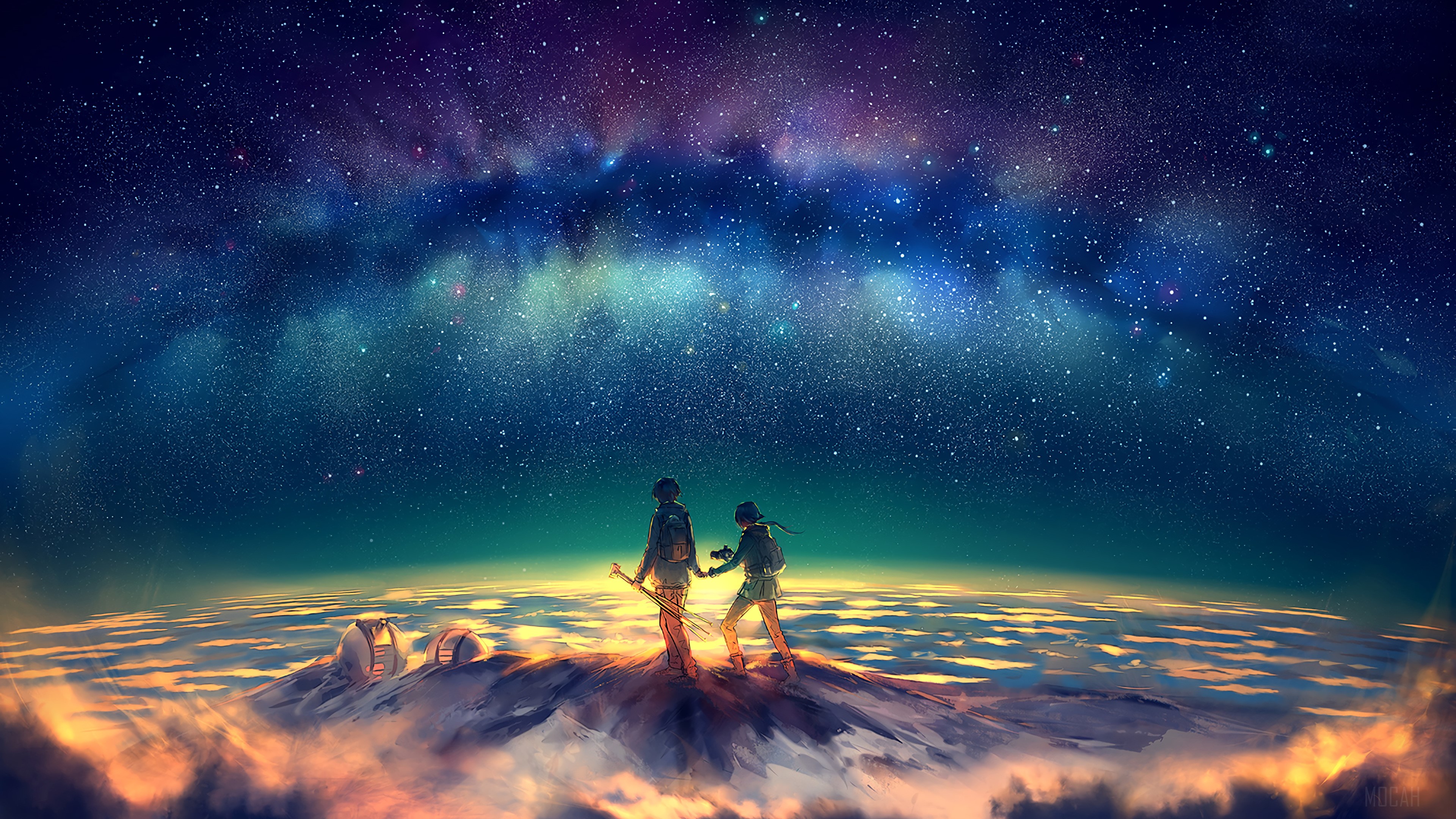 Two people walking on a planet under a galaxy 4K HD Wallpaper