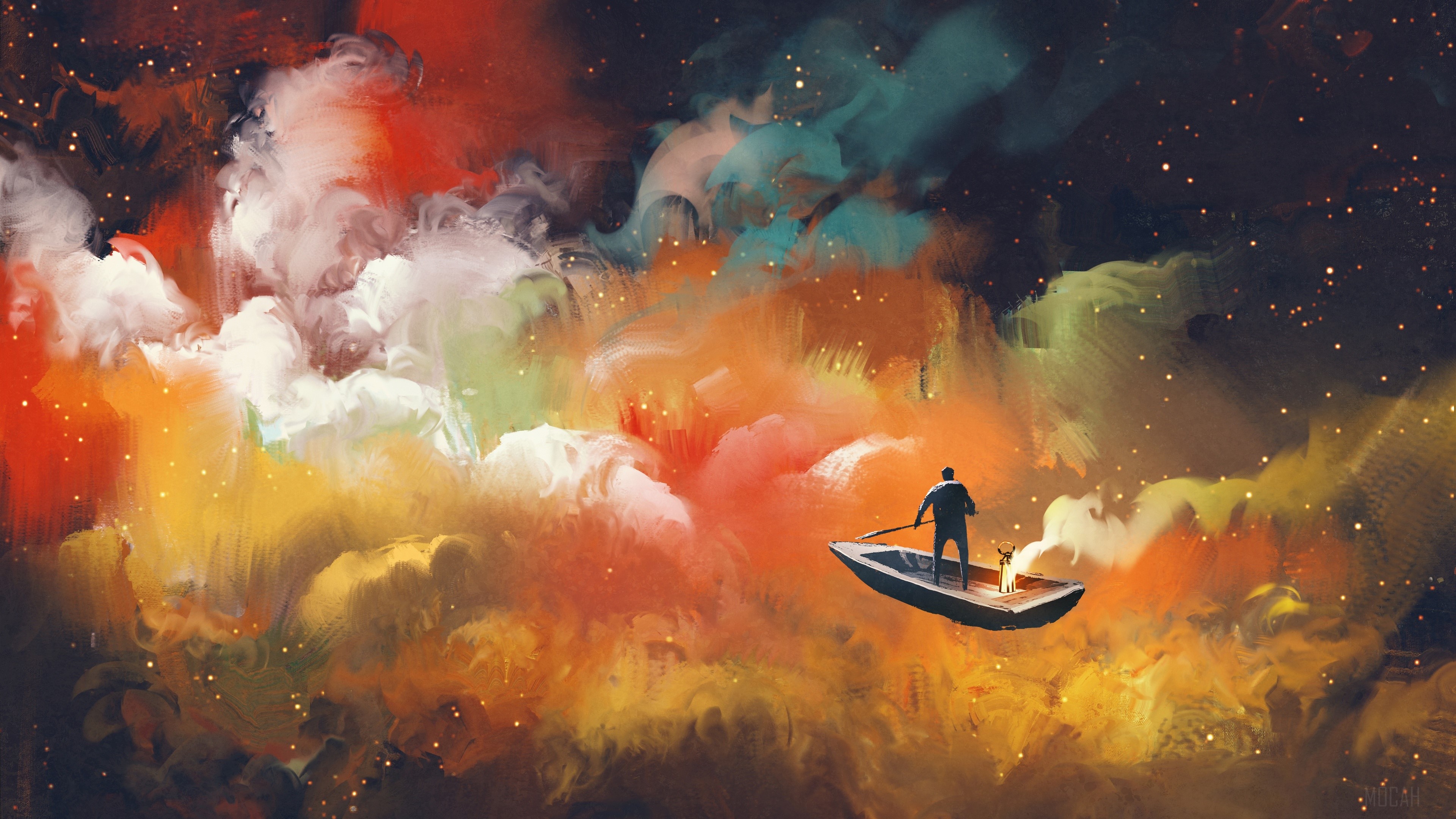 Man in boat floating in outer space with colorful clouds HD Wallpaper