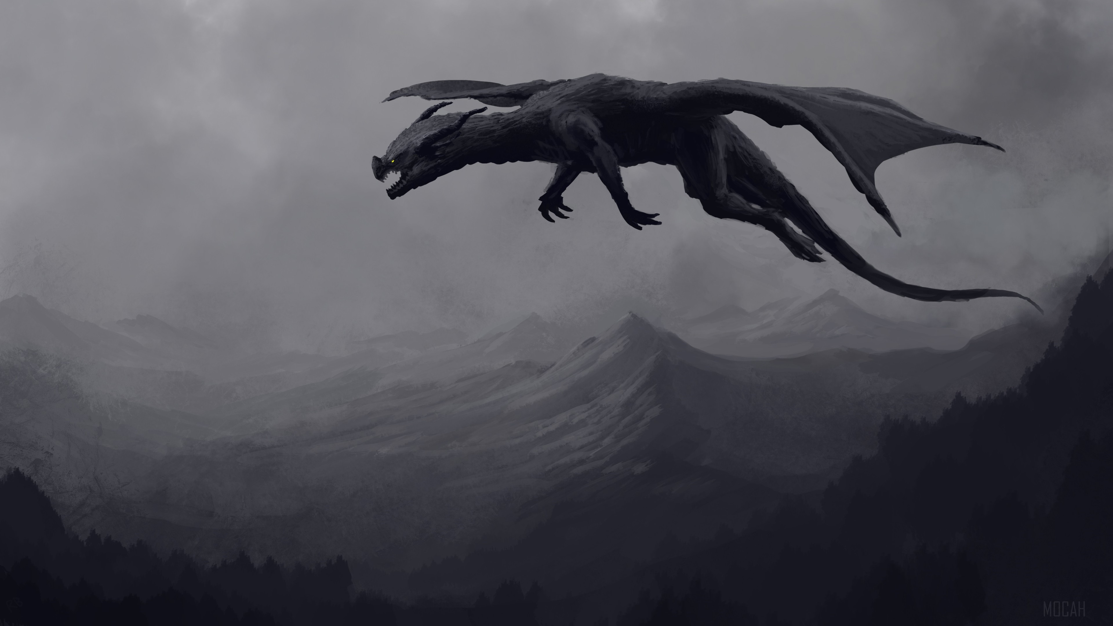 Giant Black Dragon Flying Over Mountains 4K HD Wallpaper