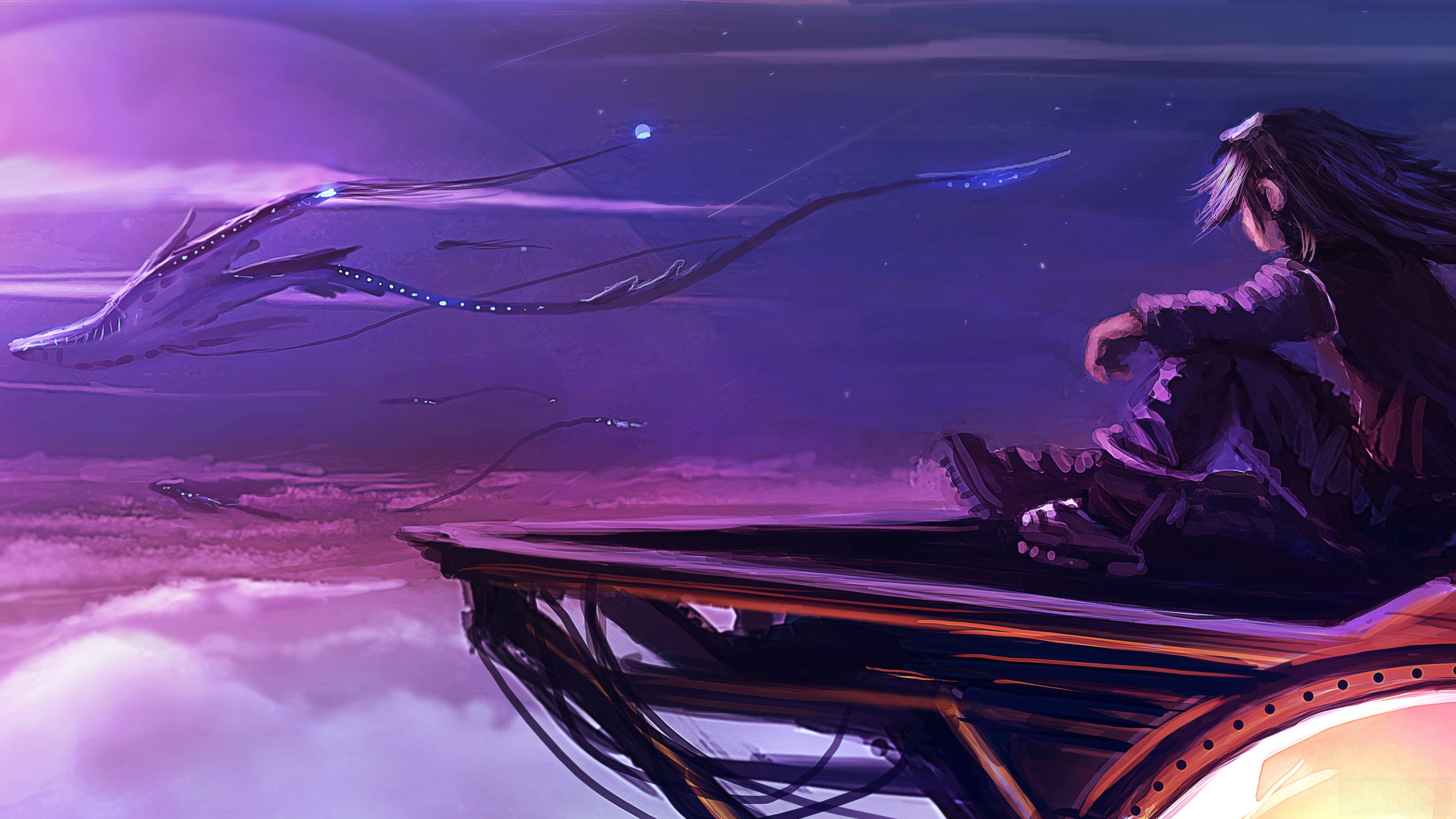 Girl sitting on platform watching fantasy creatures fly HD Wallpaper