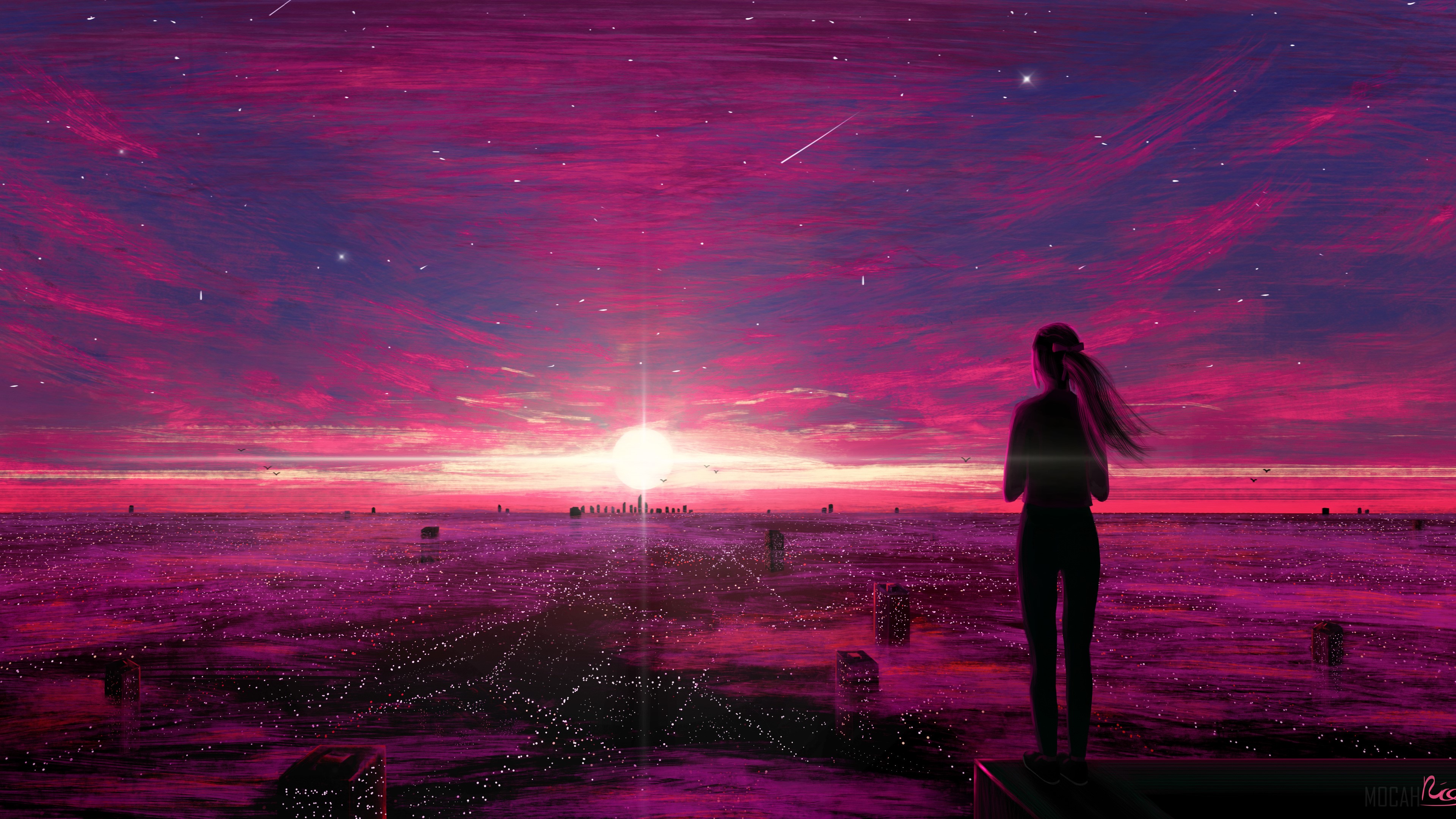 Girl watching sunset over ocean with city skyline HD Wallpaper