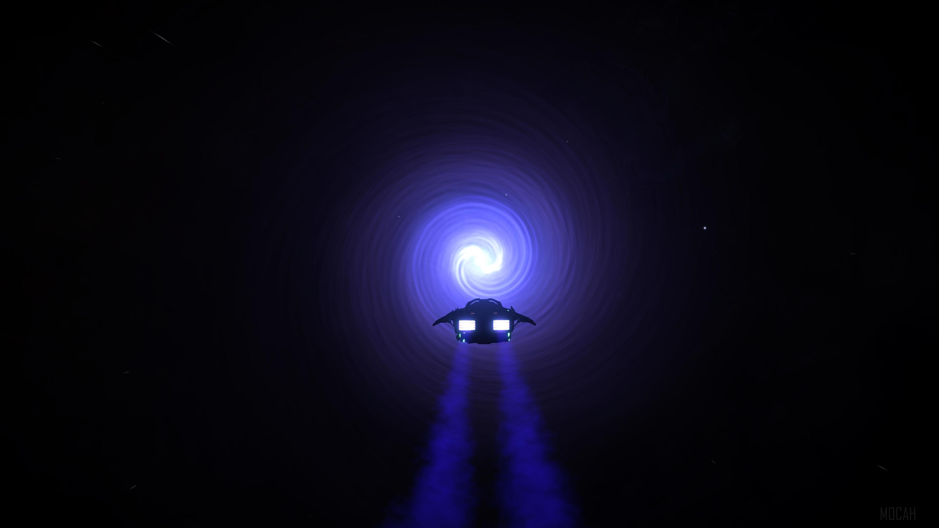Spaceship approaching a swirling blue and white nebula HD Wallpaper