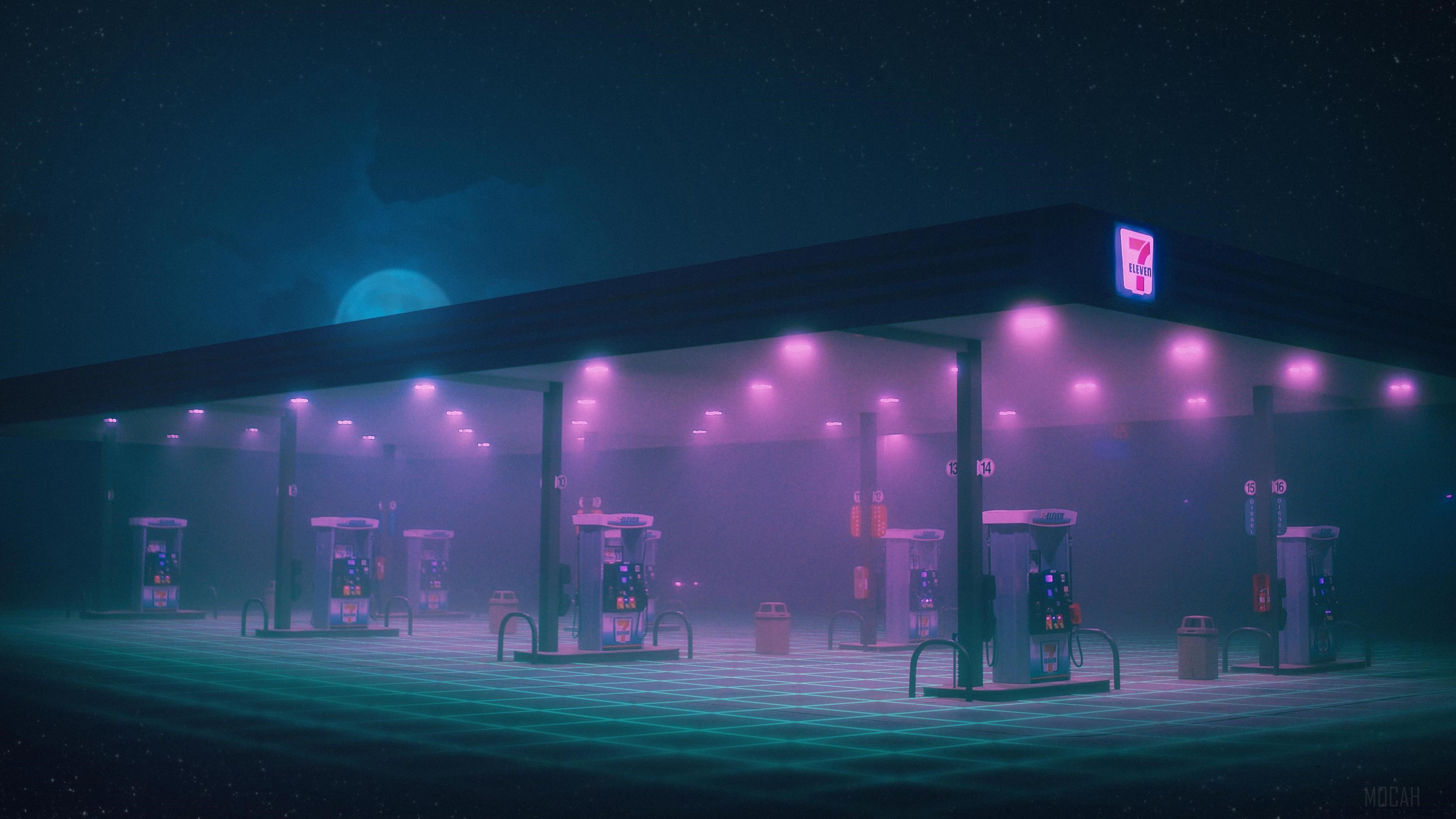 7-Eleven Gas Station at Night HD Wallpaper