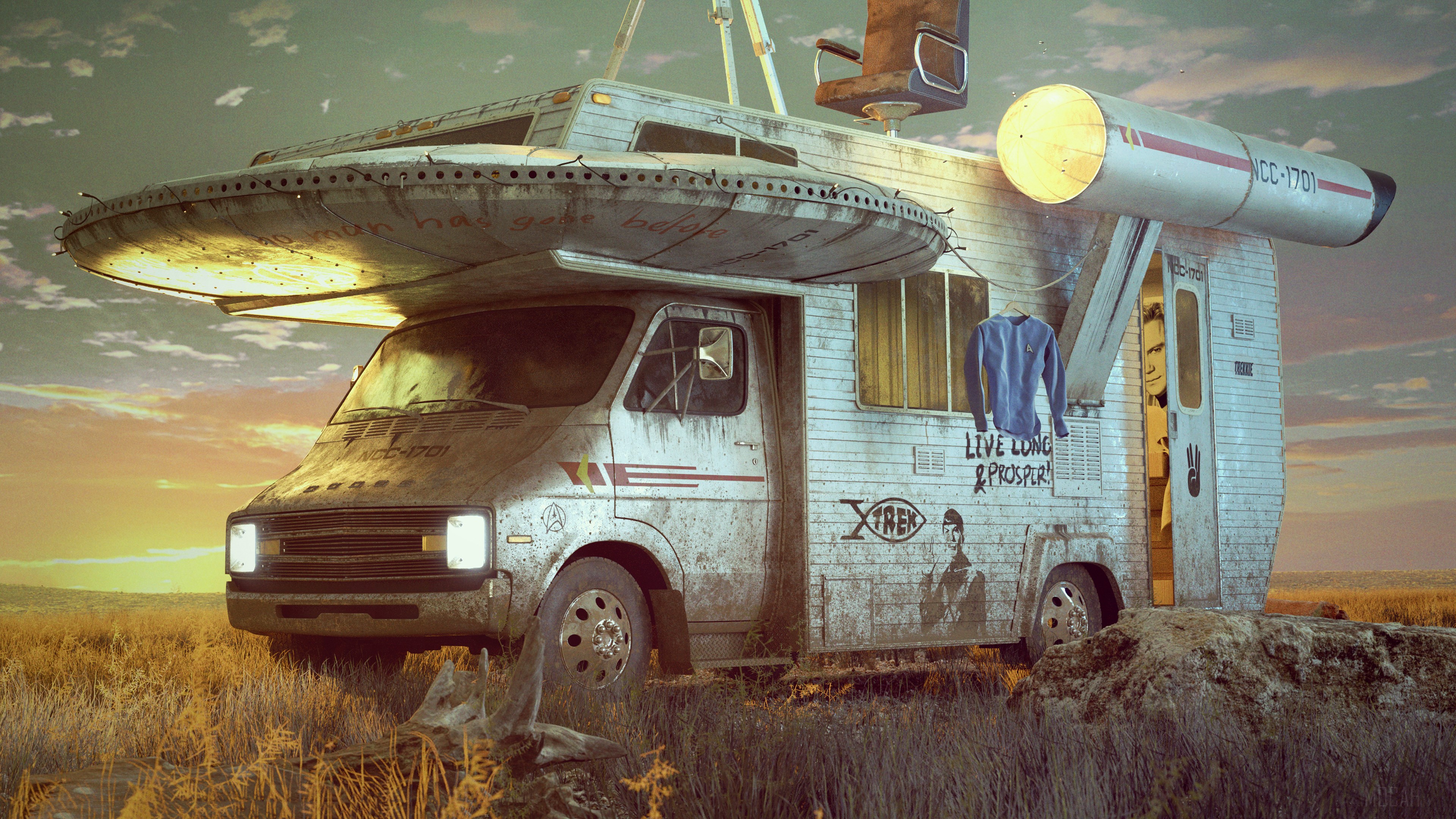Star Trek inspired RV in a field 4K HD Wallpaper