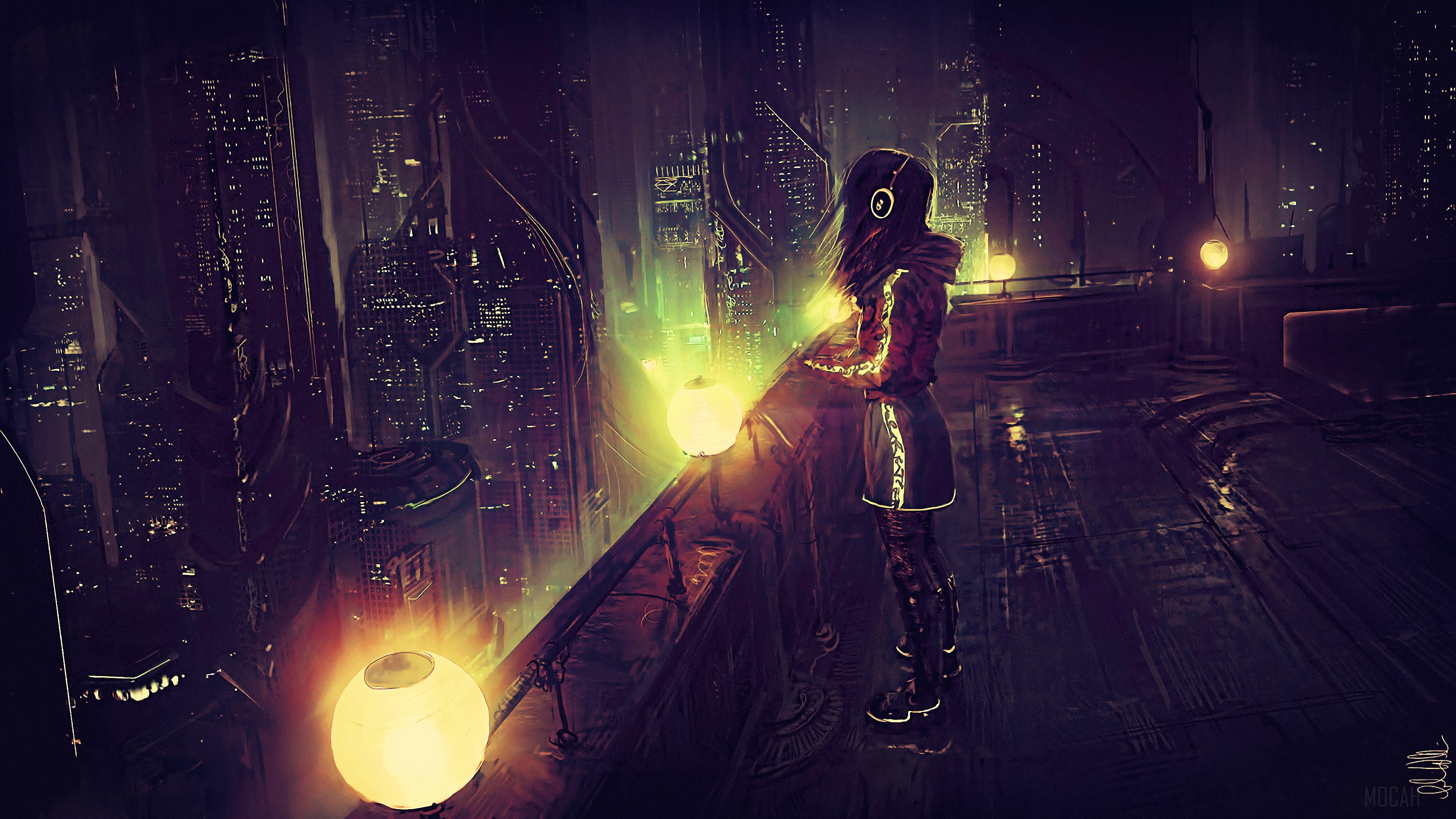 Girl on a terrace in a cyberpunk city 4K HD Wallpaper