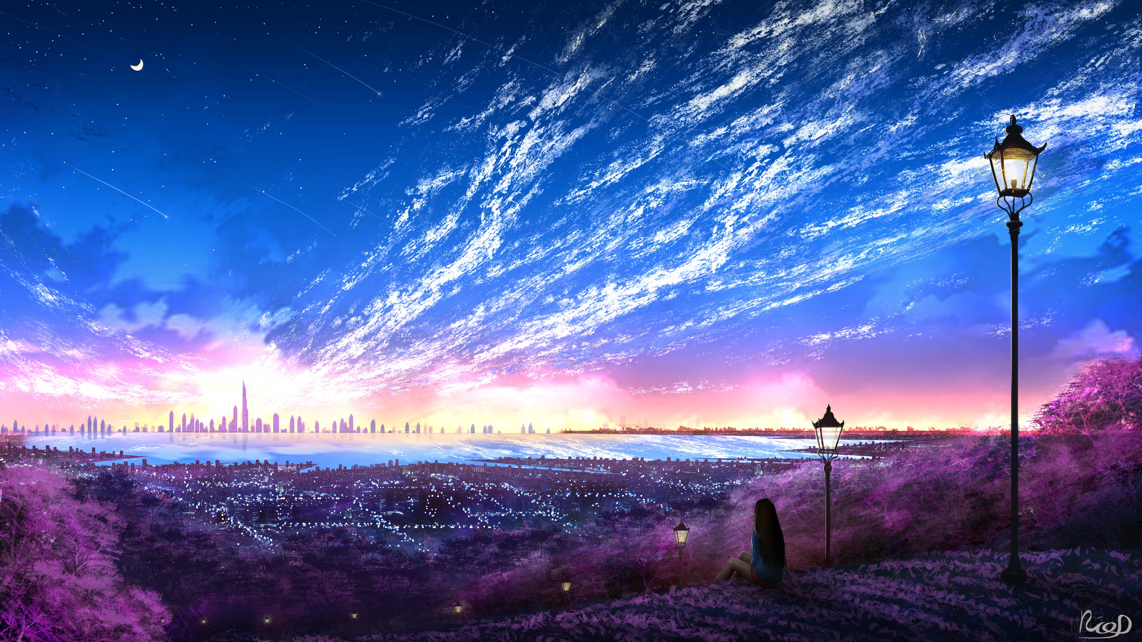 Girl watching city lights at sunset 4K HD Wallpaper