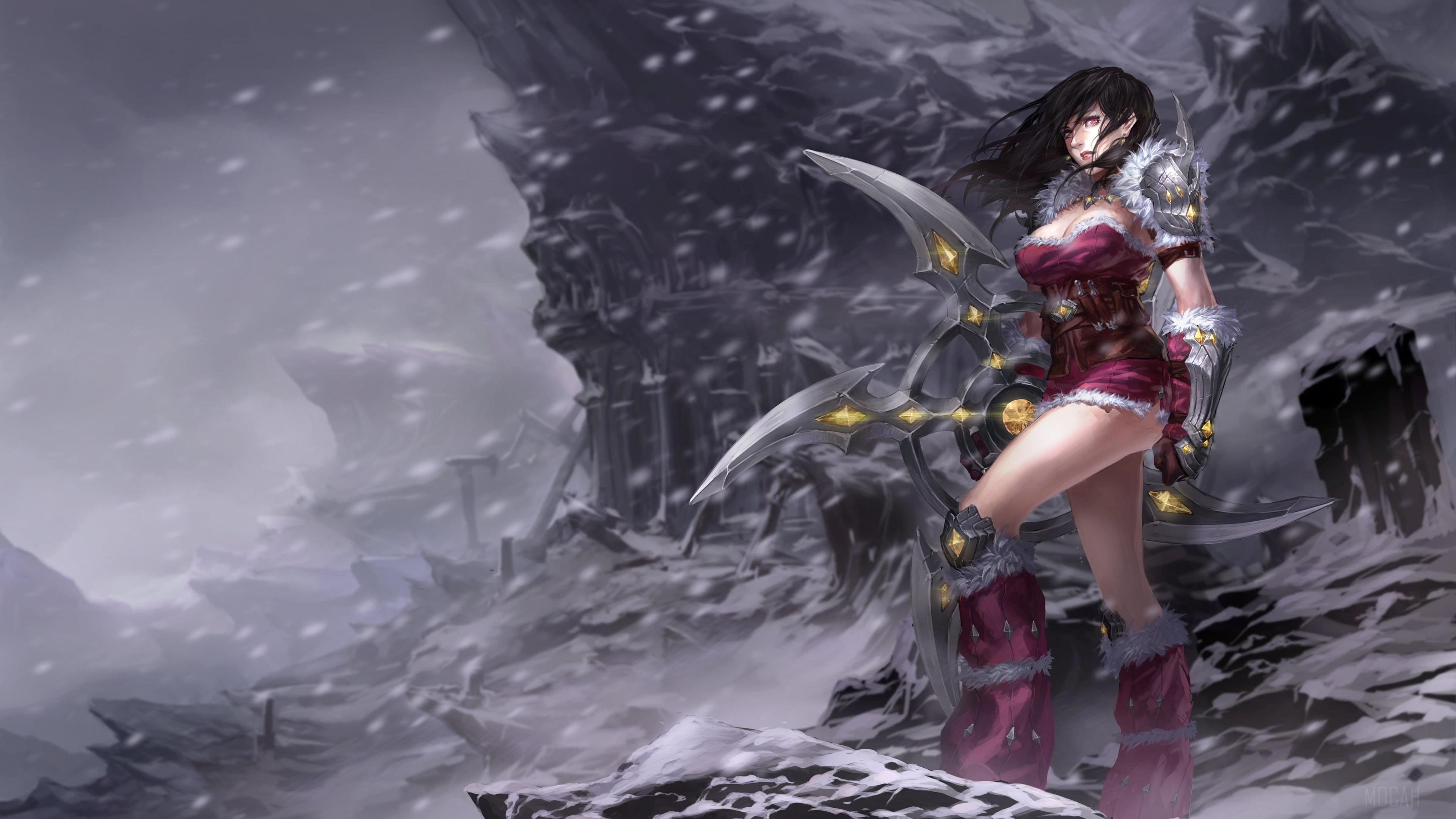 Warrior girl with large weapon in snowy landscape HD Wallpaper
