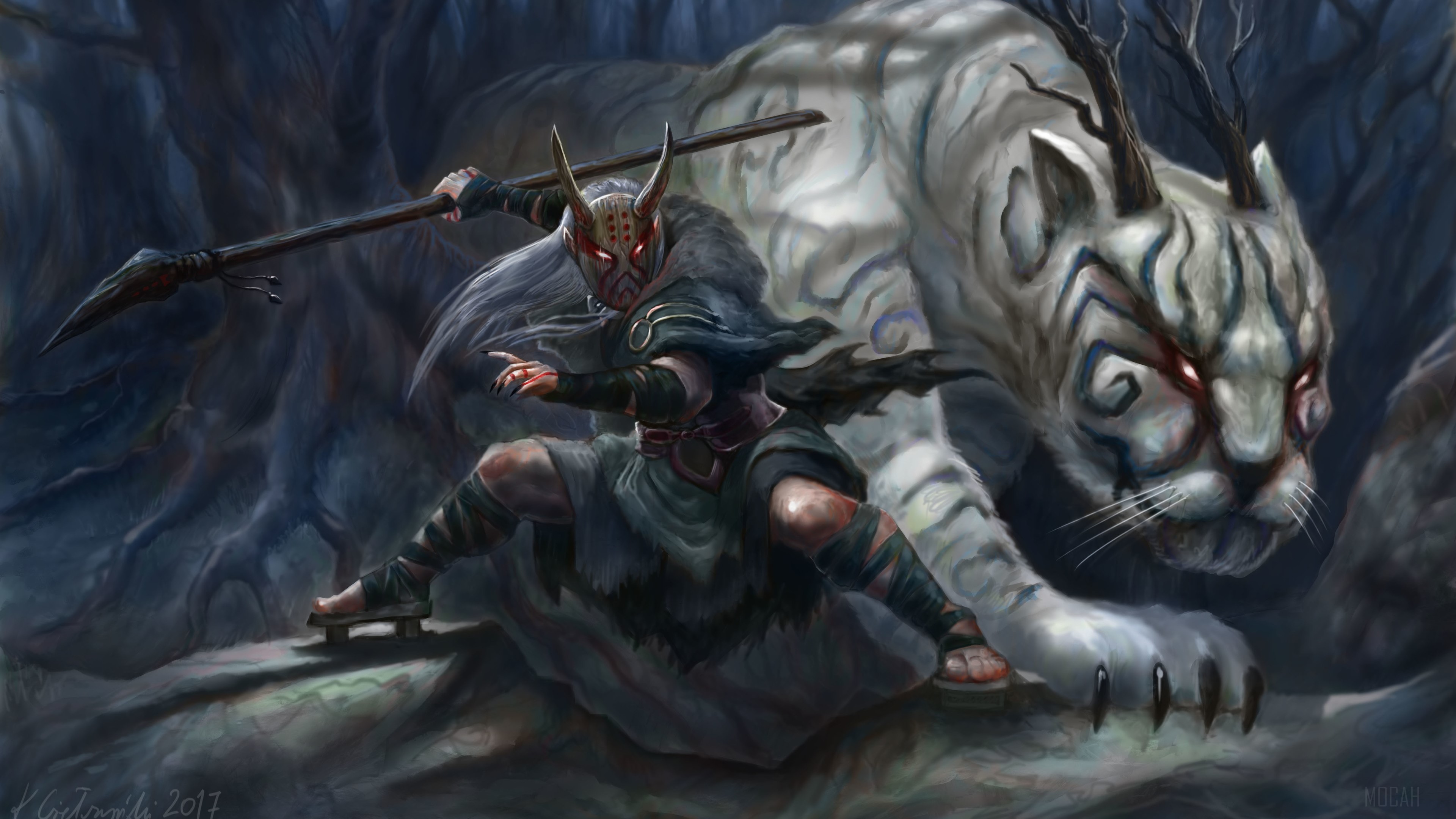 Warrior with mask and white tiger in forest 4K HD Wallpaper