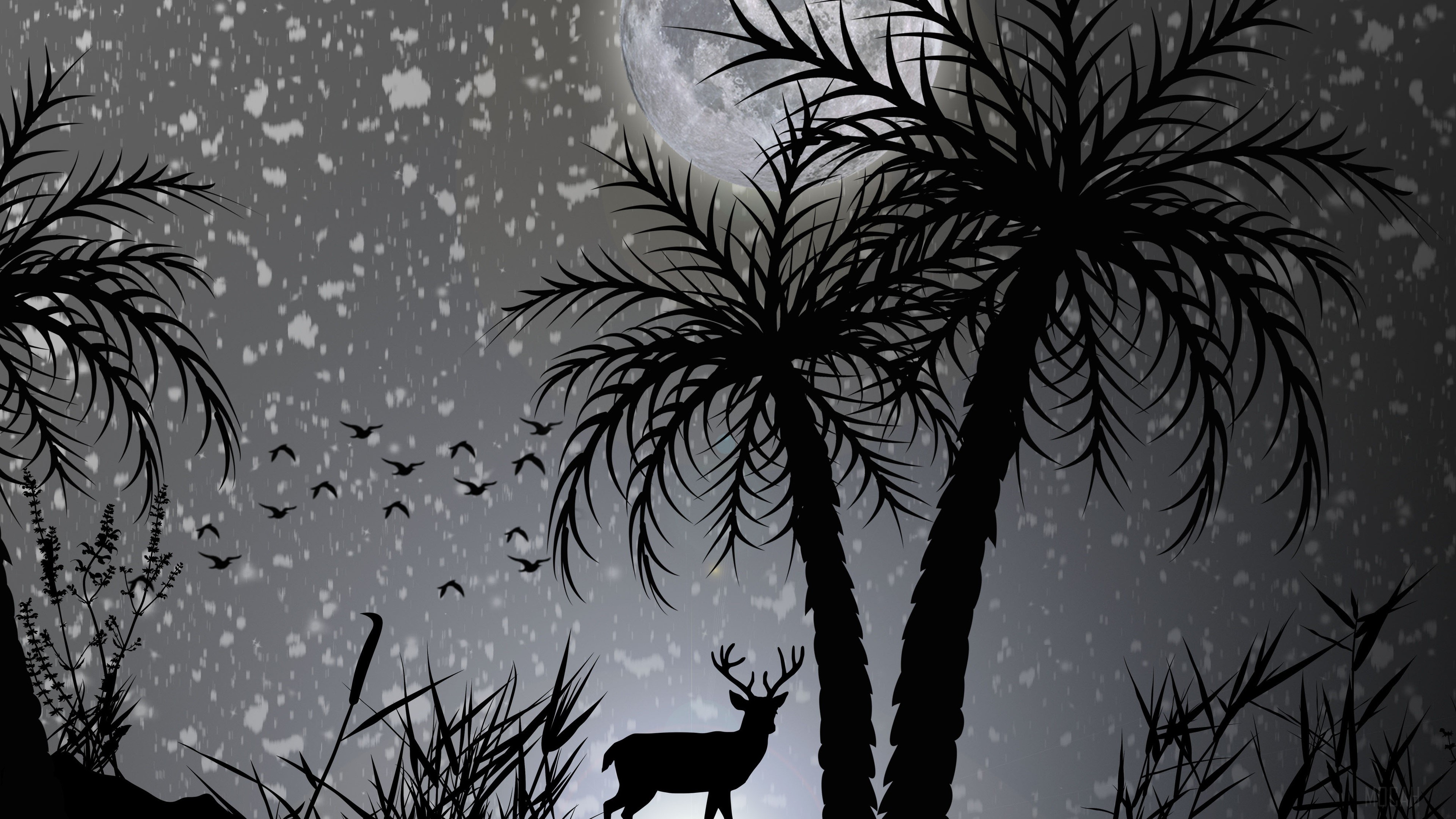 Deer and palm trees under the moon HD Wallpaper