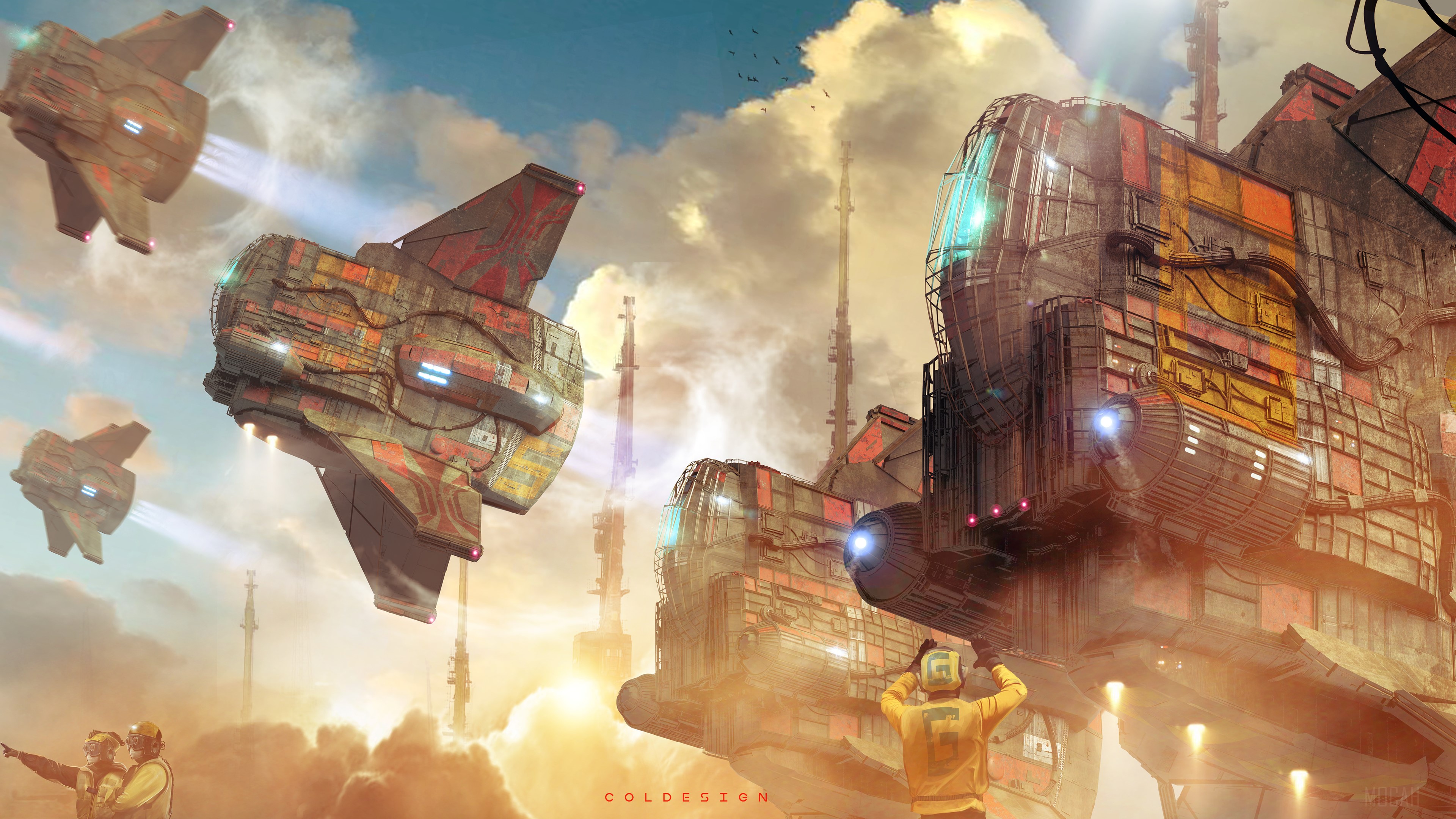 Spaceships approaching industrial structures in the clouds 4K HD Wallpaper