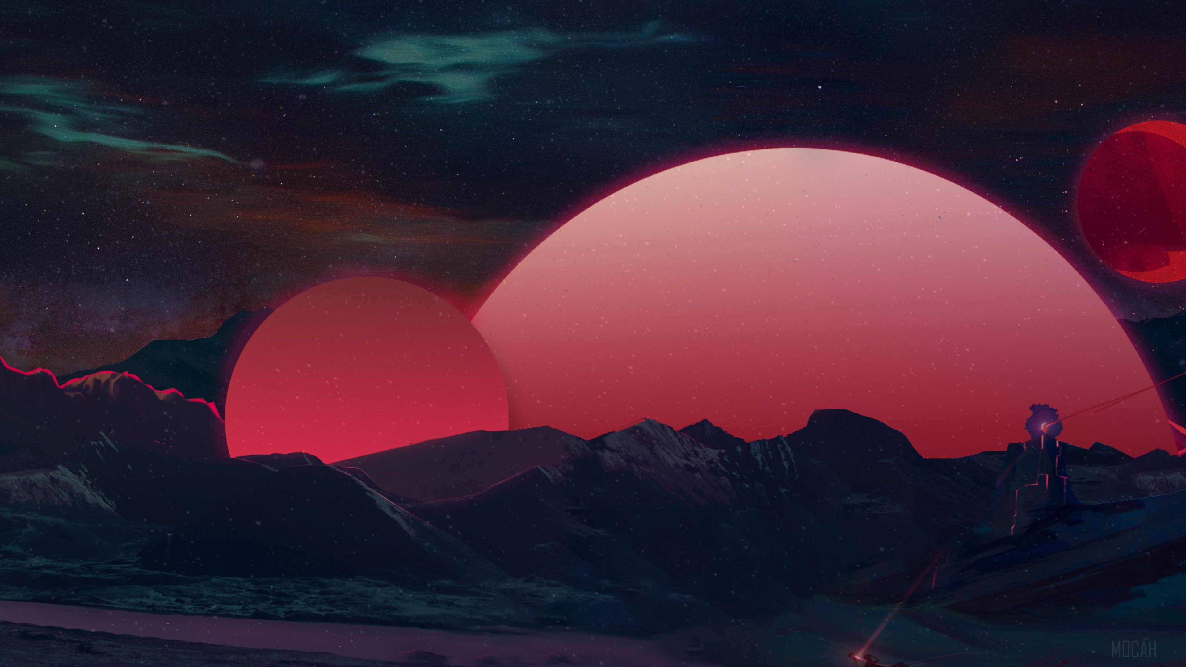 Retrowave Abstract Landscape with Red Planets 4K HD Wallpaper
