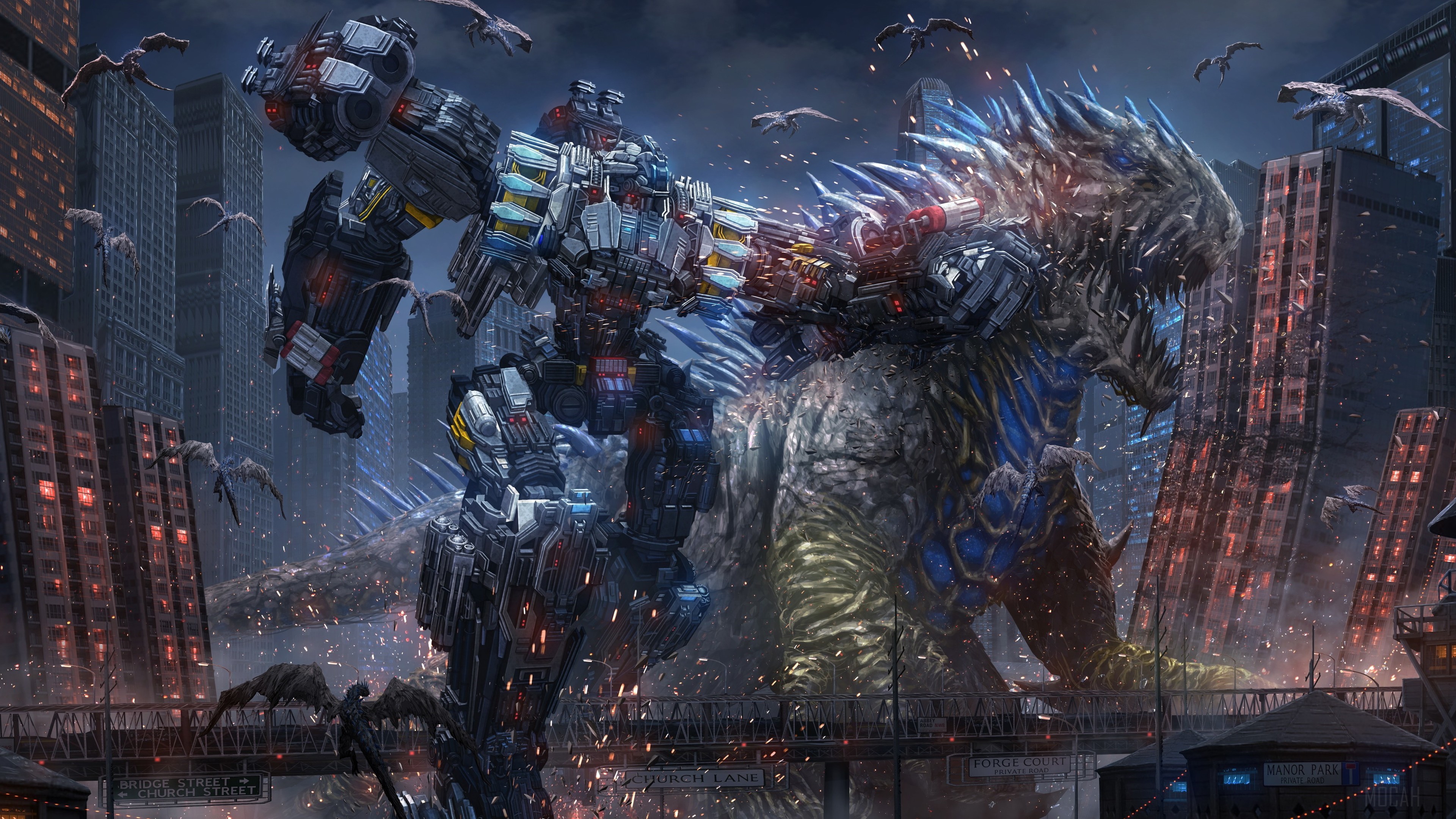 Robots and Kaiju Battle in City 4K HD Wallpaper