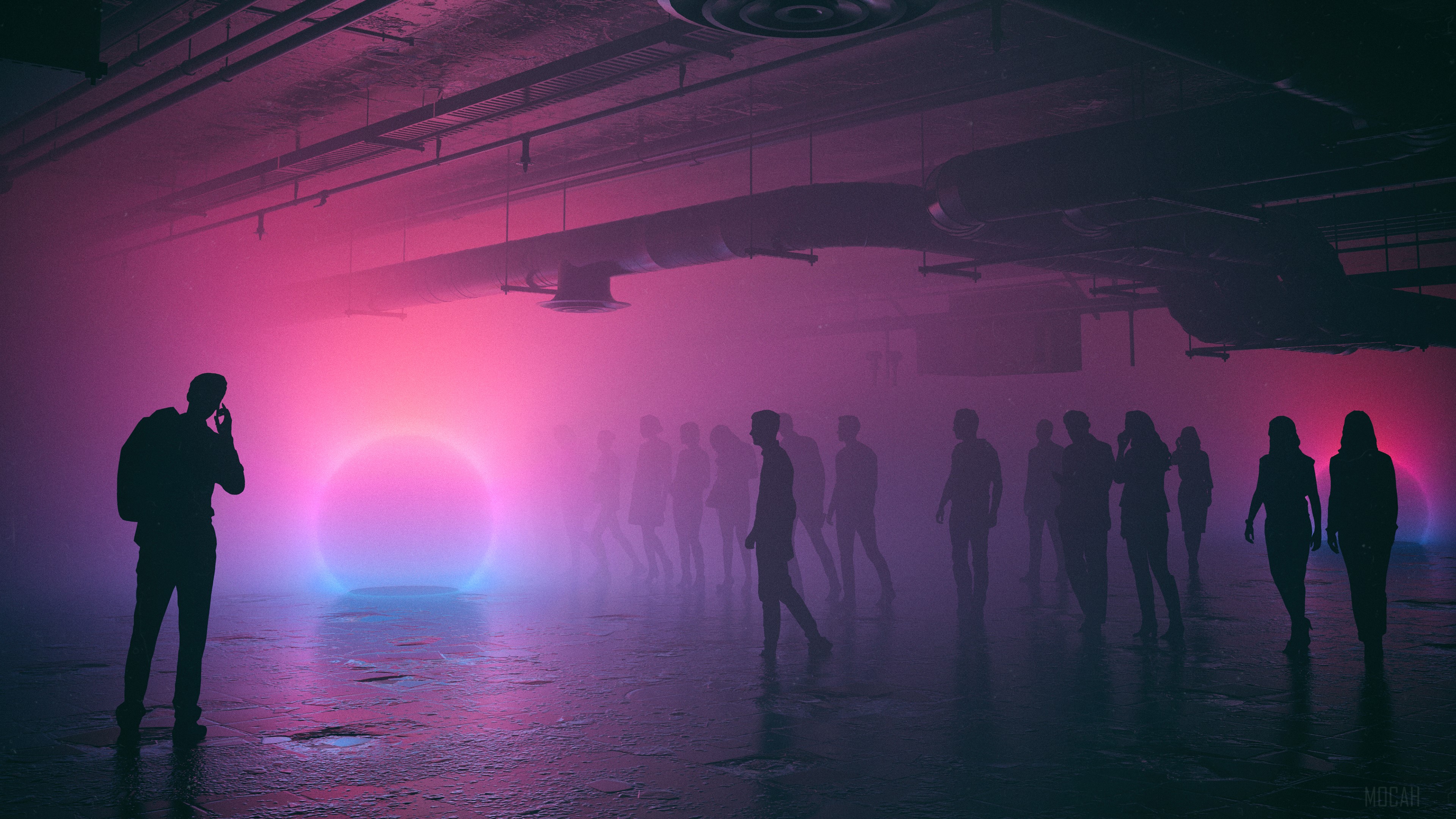 People in a foggy subway terminal with neon circle HD Wallpaper