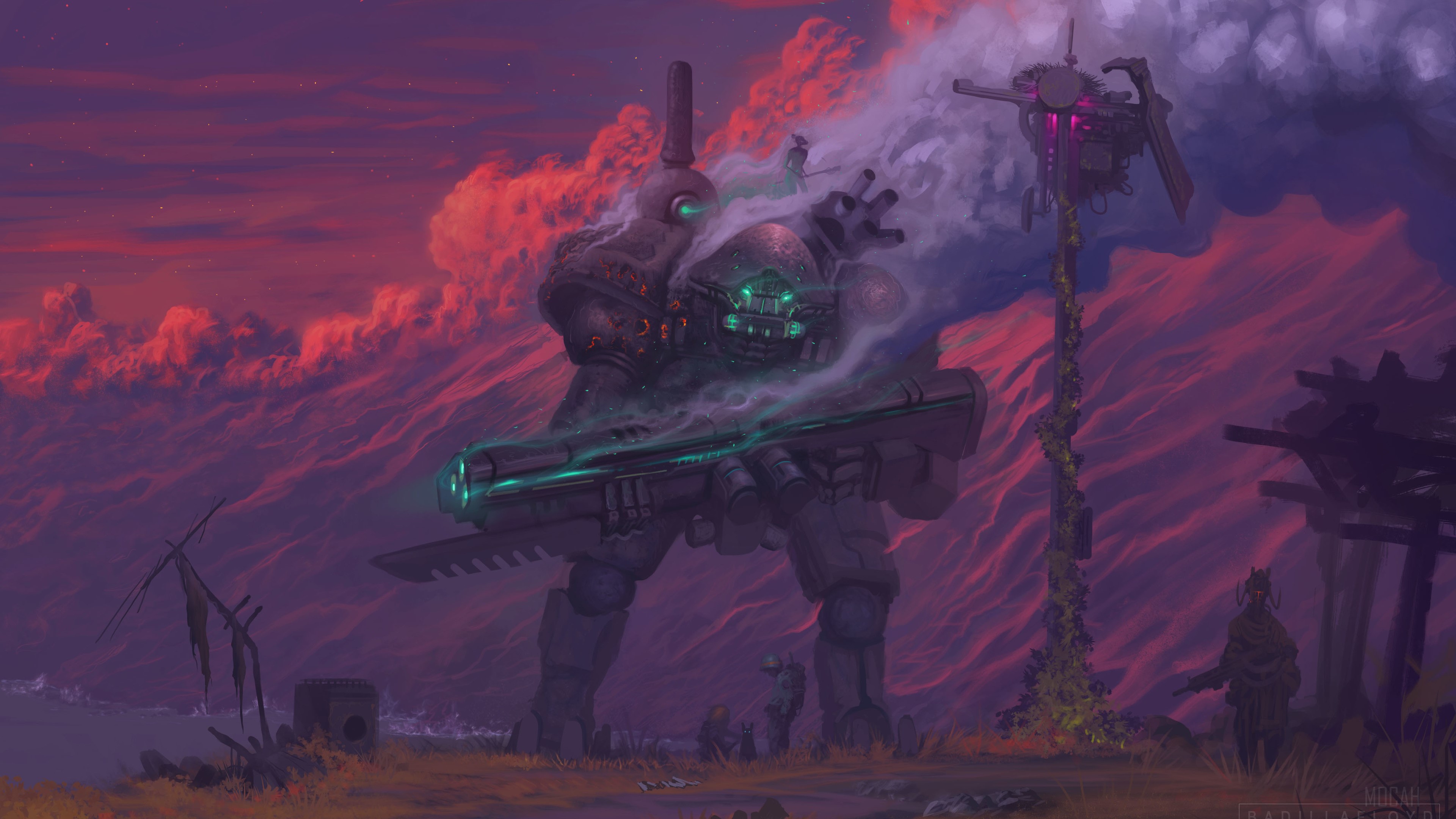 Giant Sci-Fi Robot with Weapon in Red Sky HD Wallpaper