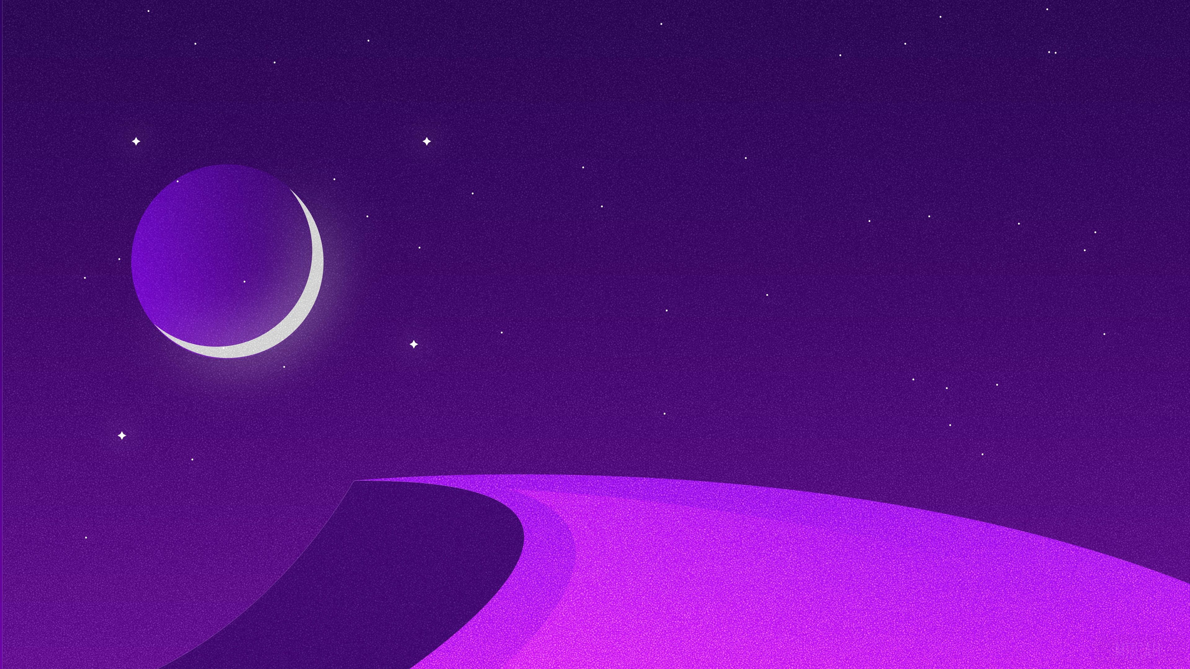Minimalist purple desert landscape with crescent moon and stars HD Wallpaper