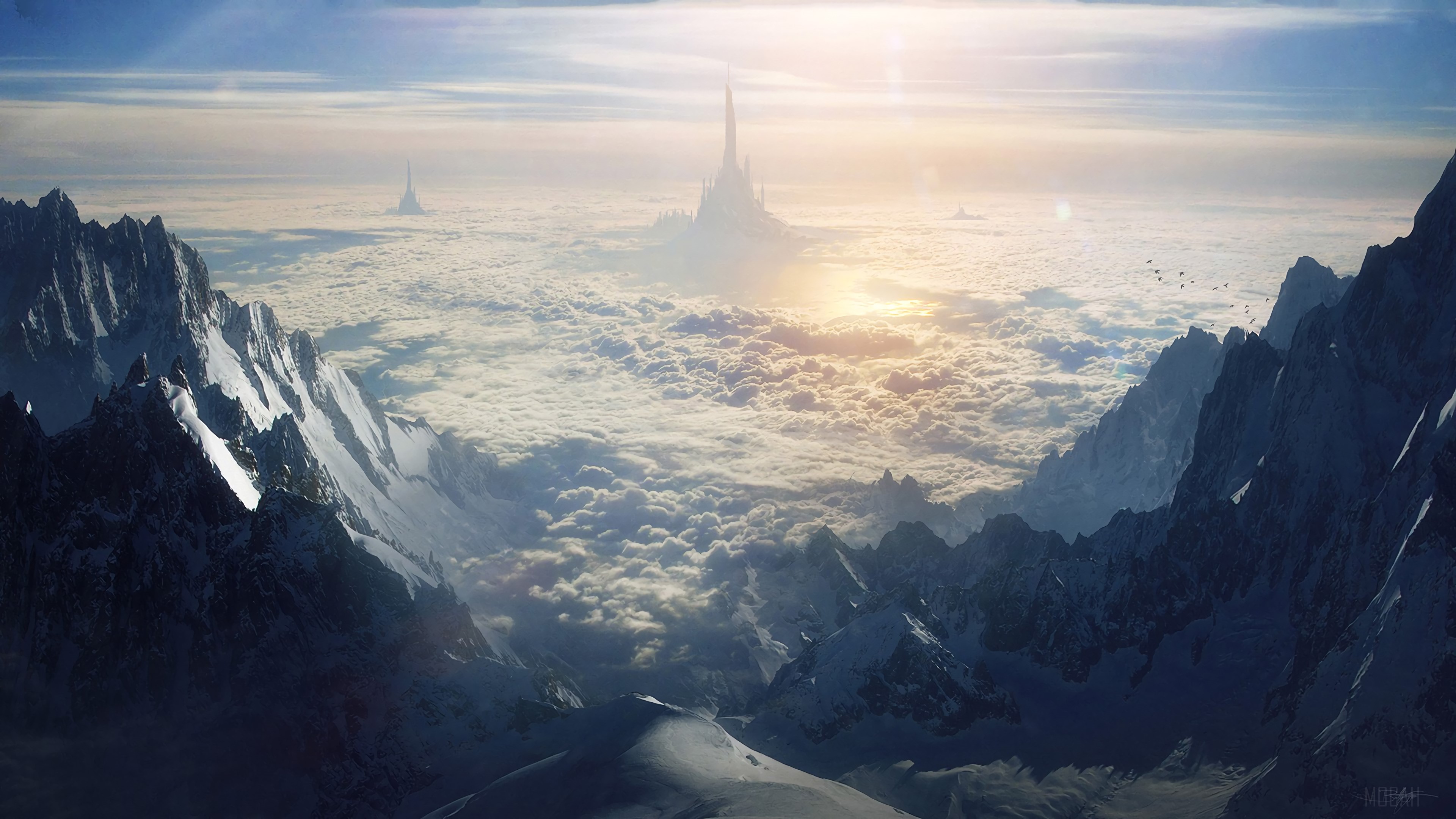 Fantasy Cityscape Above Clouds and Mountains 4K HD Wallpaper