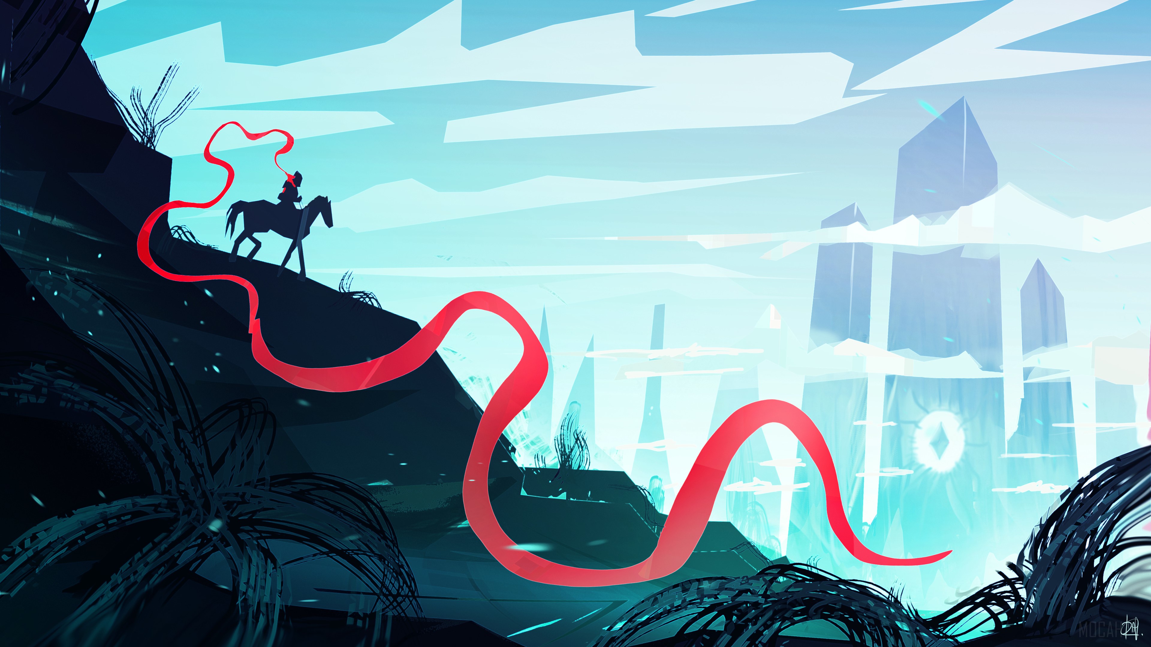 Man on horse with red ribbon 4K HD Wallpaper