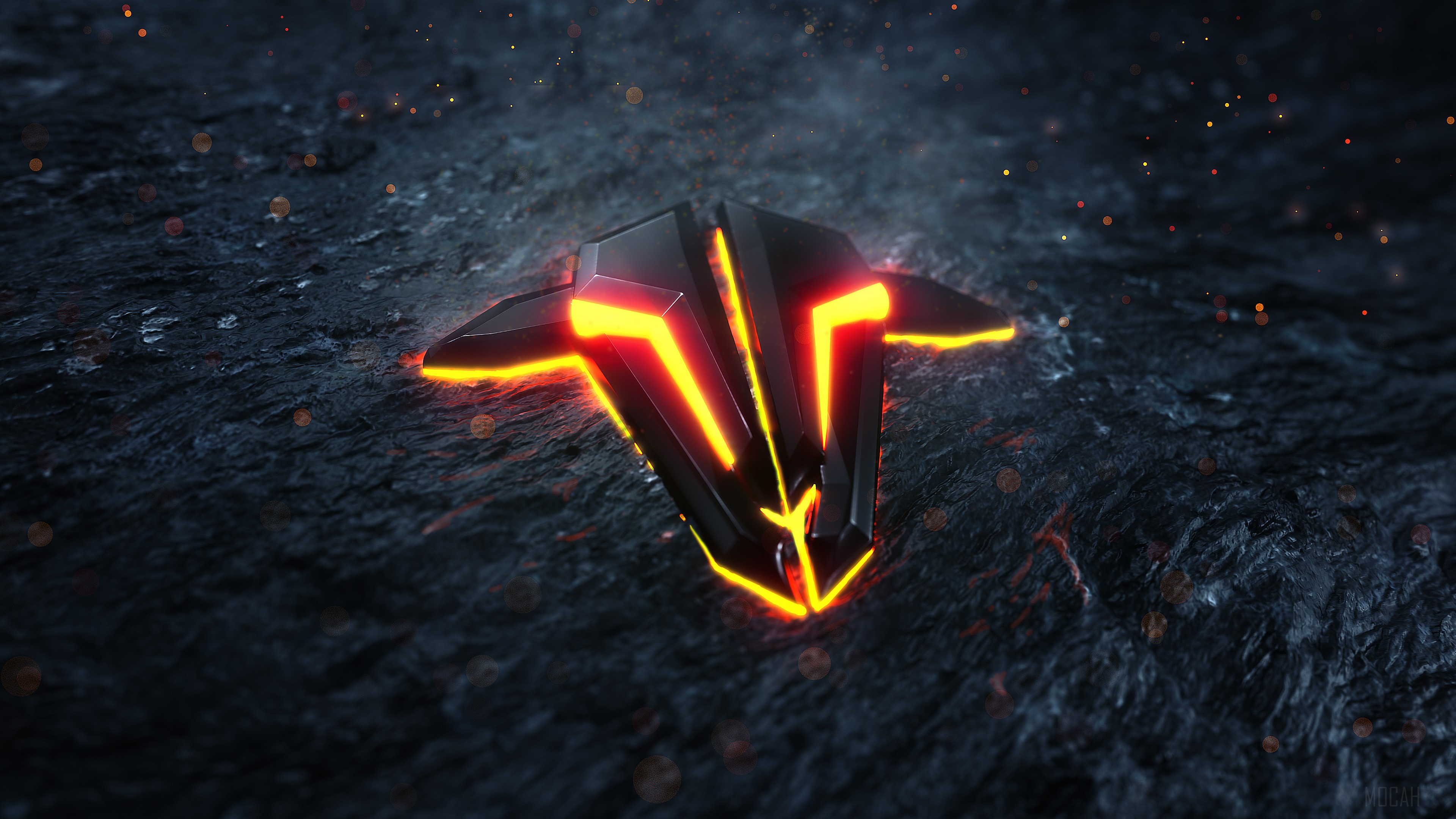 Small yellow glowing ship on dark terrain 4K HD Wallpaper
