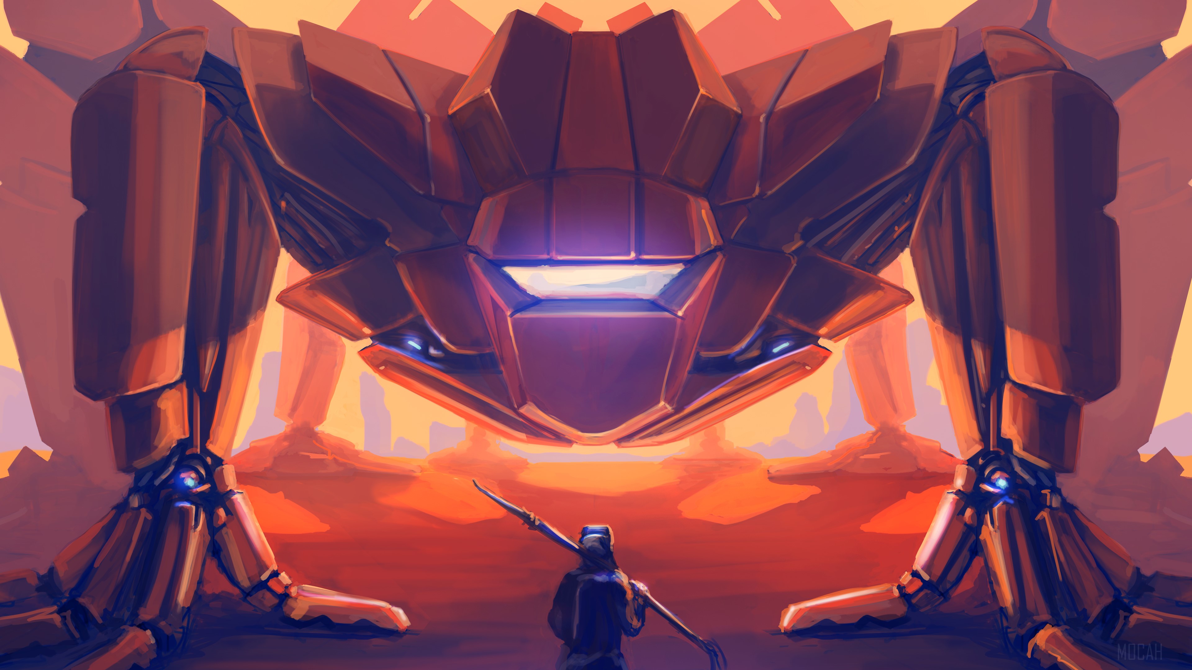 Giant robot in a desert landscape HD Wallpaper