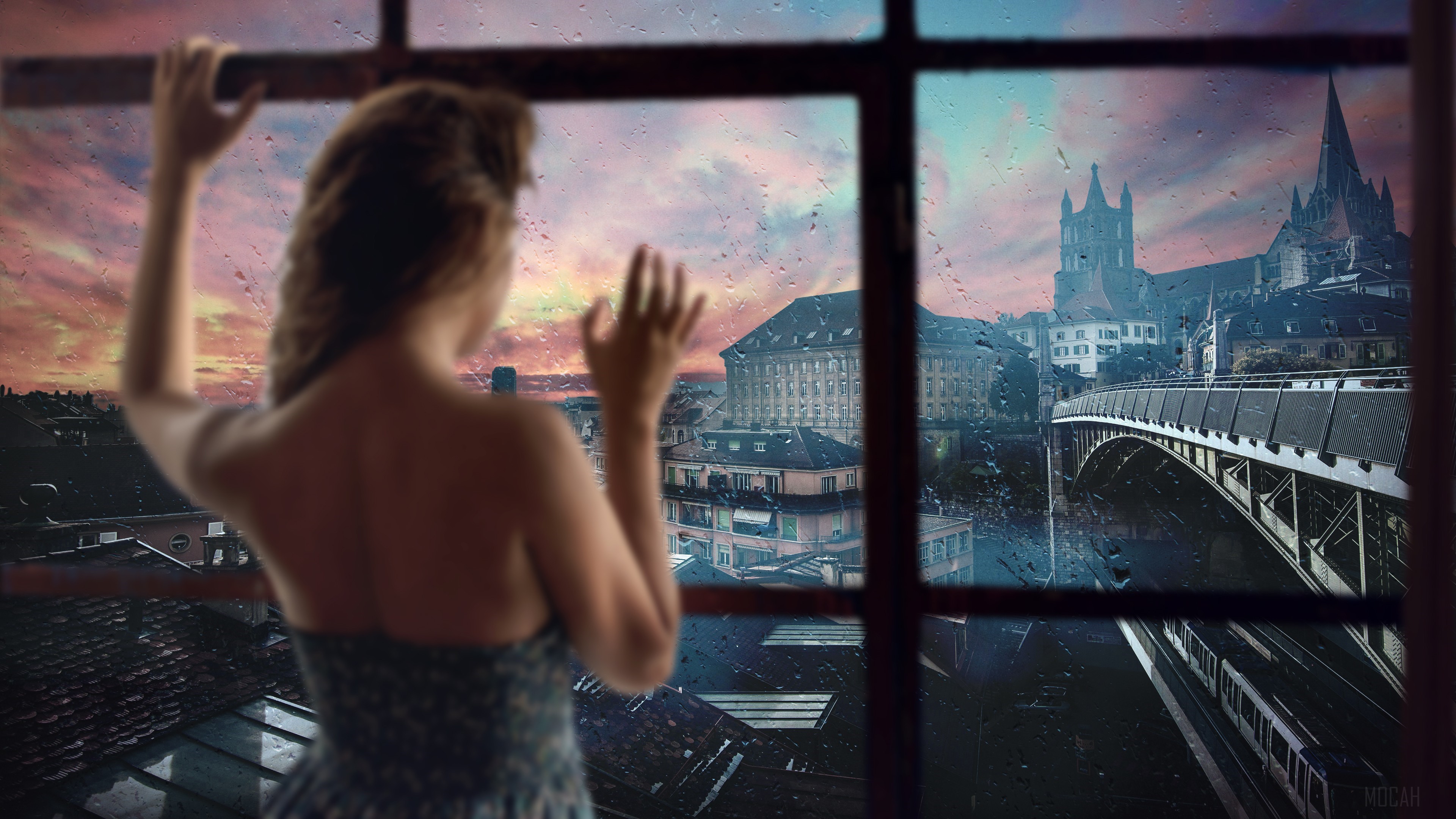 Woman looking out window at city skyline during rain HD Wallpaper
