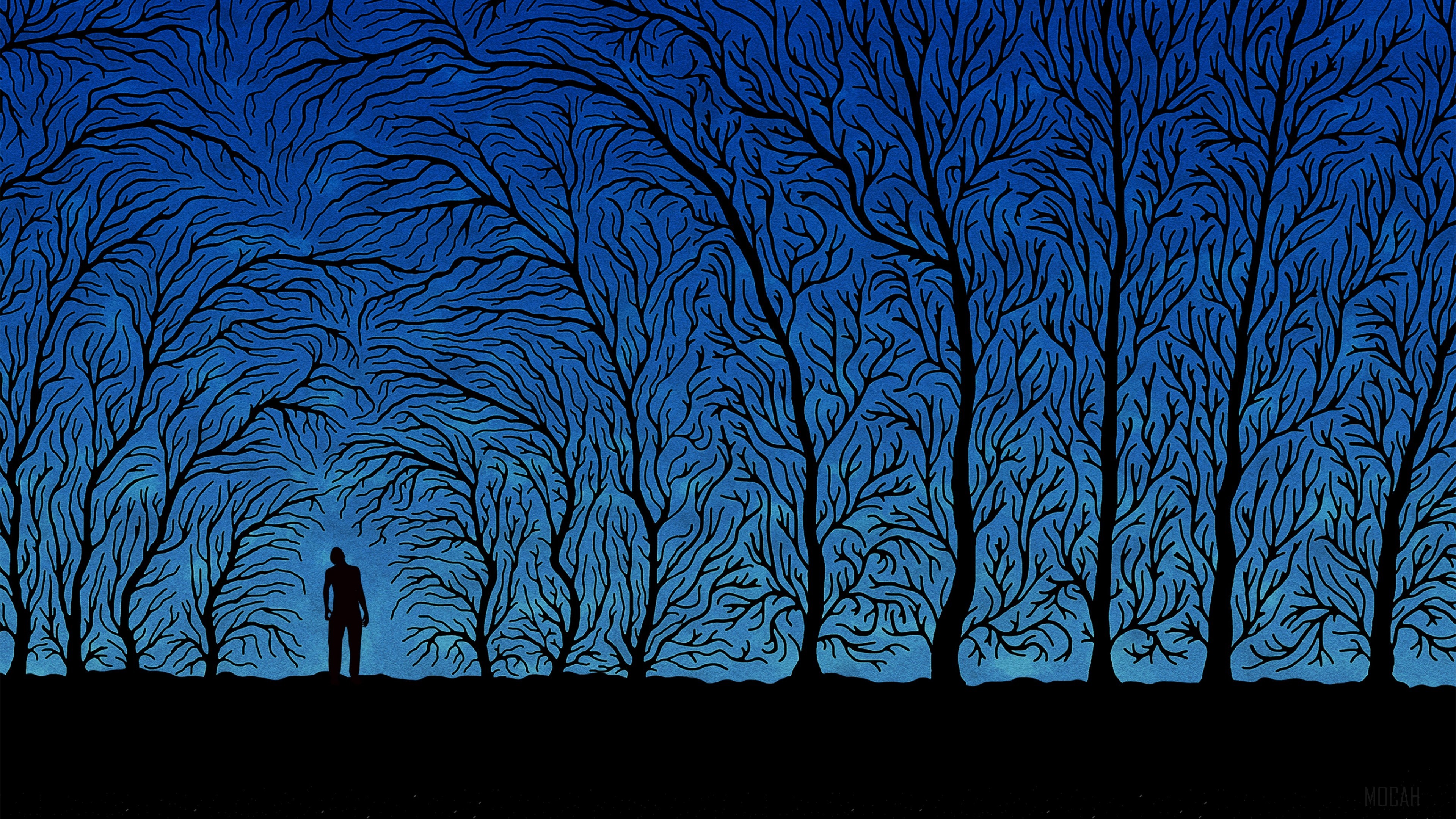 Silhouette of a person in a forest of stylized trees HD Wallpaper