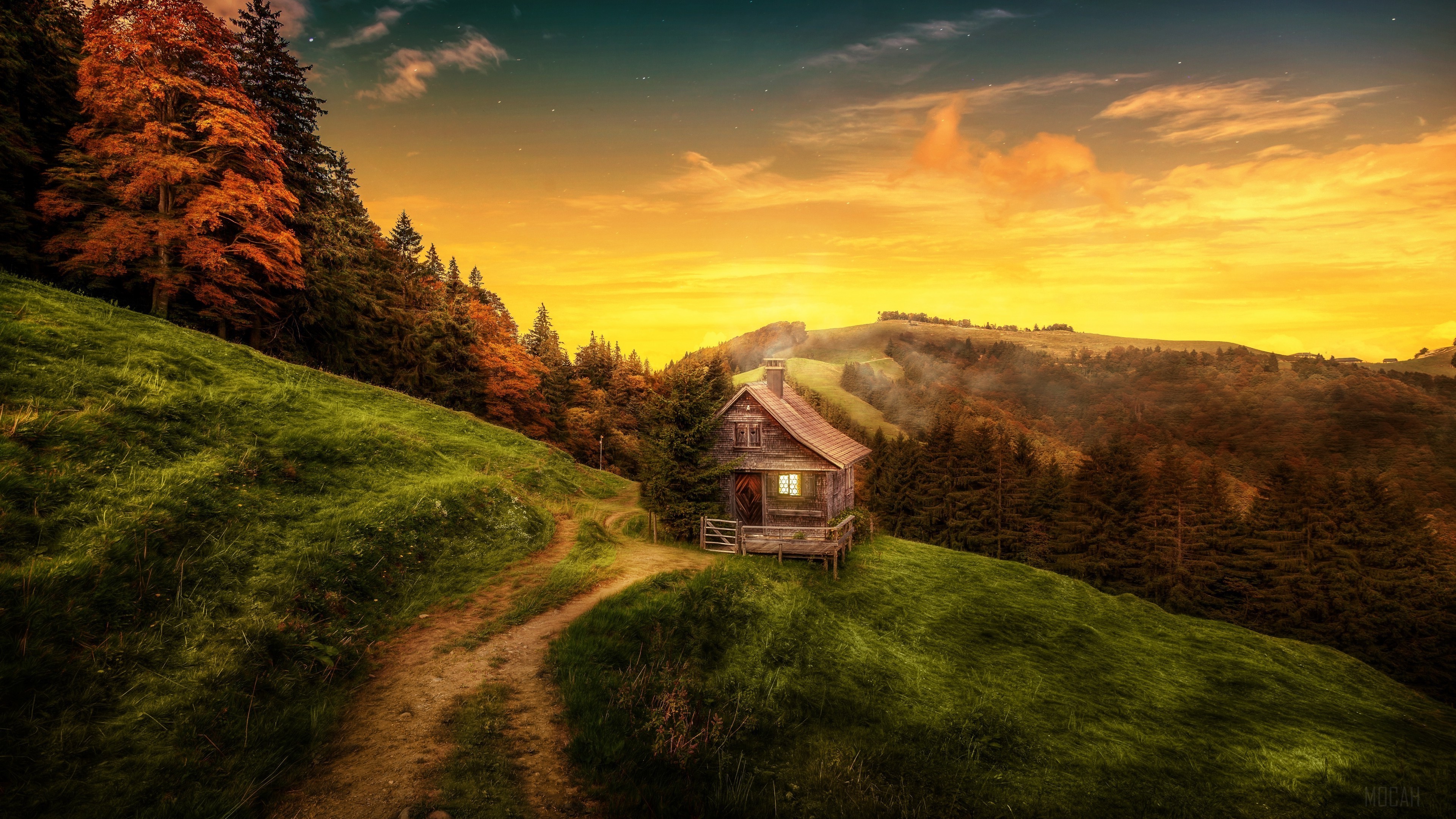 House On Mountains Art HD Wallpaper