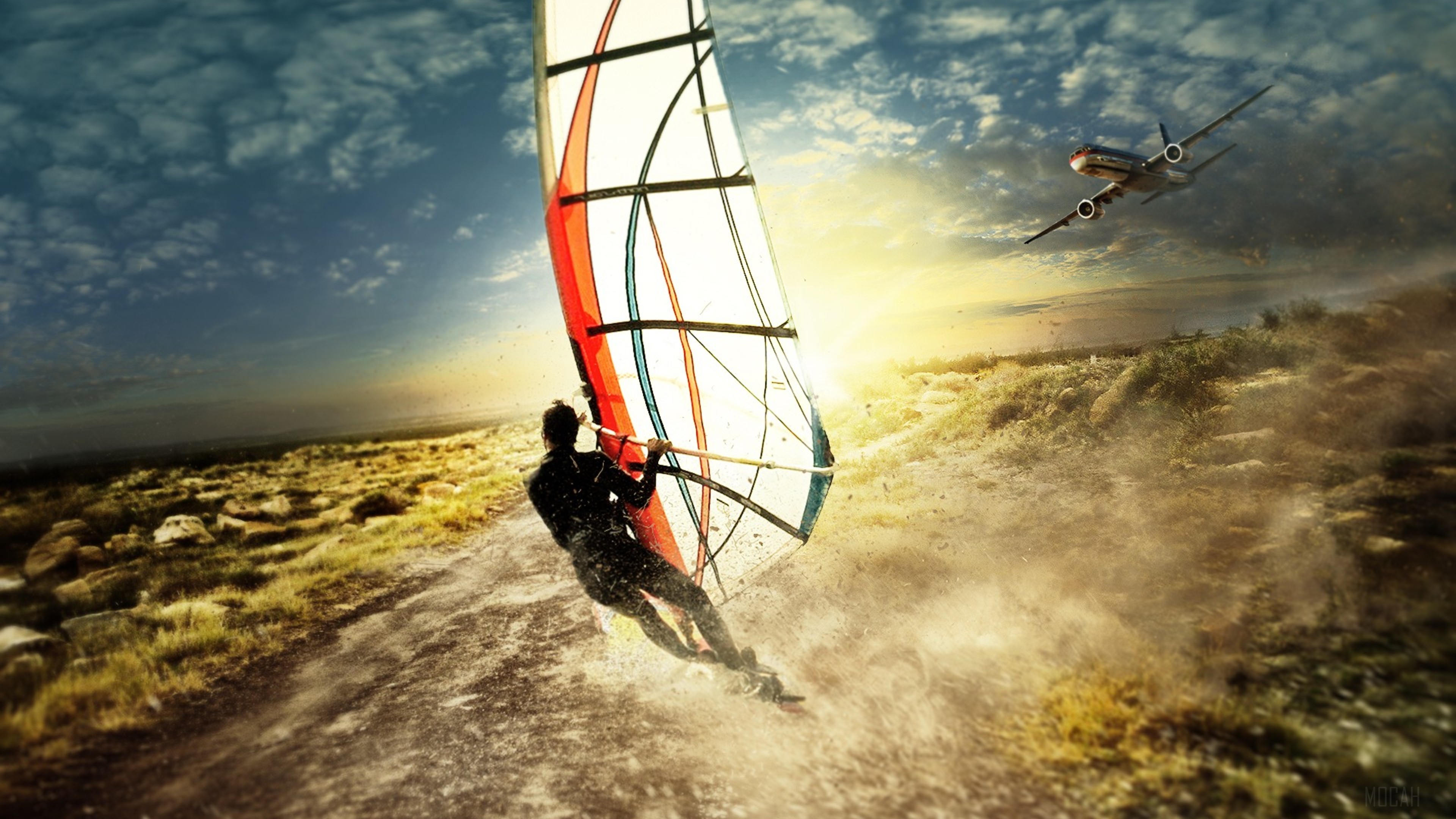 Windsurfer and Airplane Art 4K HD Wallpaper