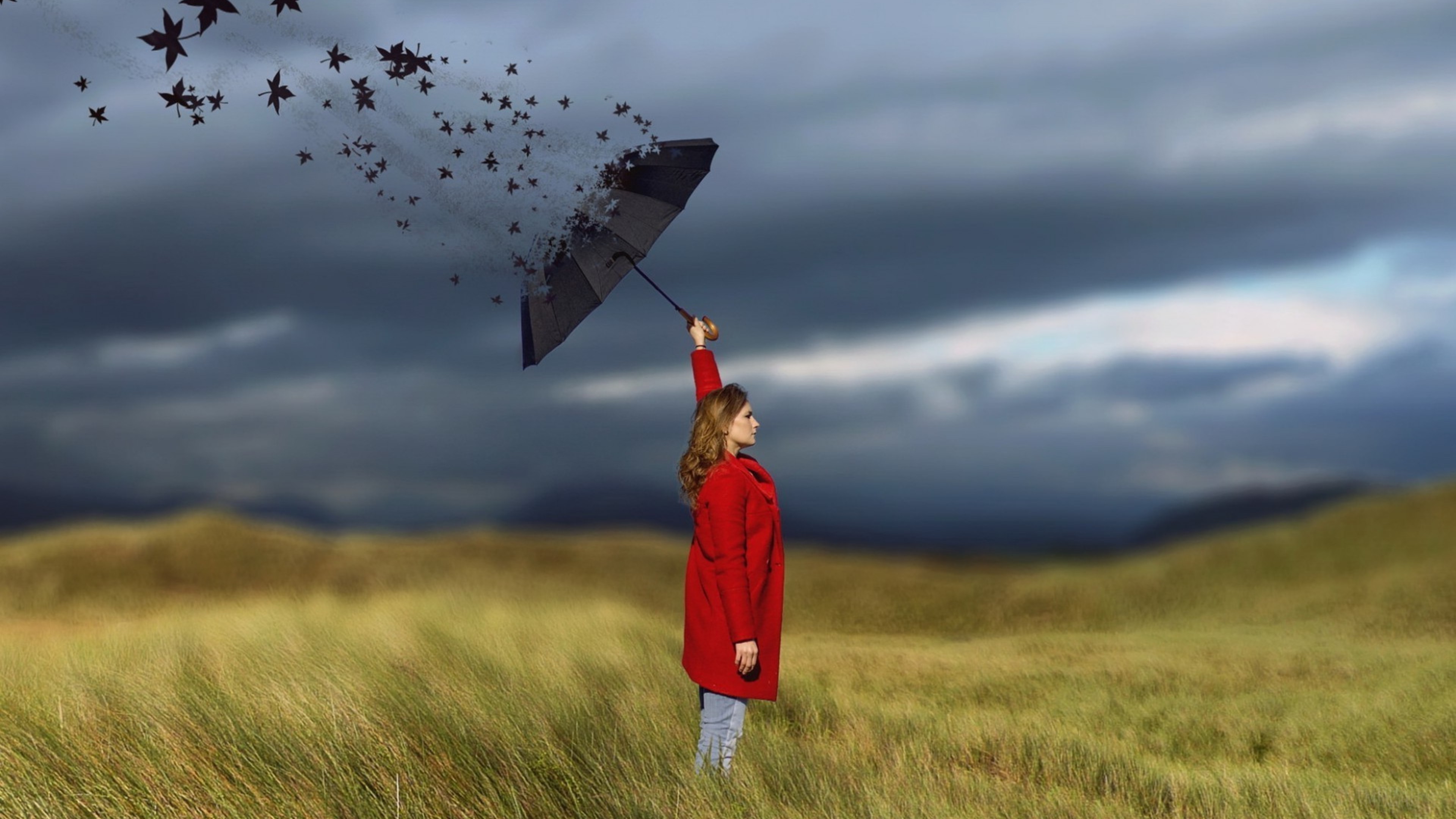 Woman with dissolving umbrella in field HD Wallpaper