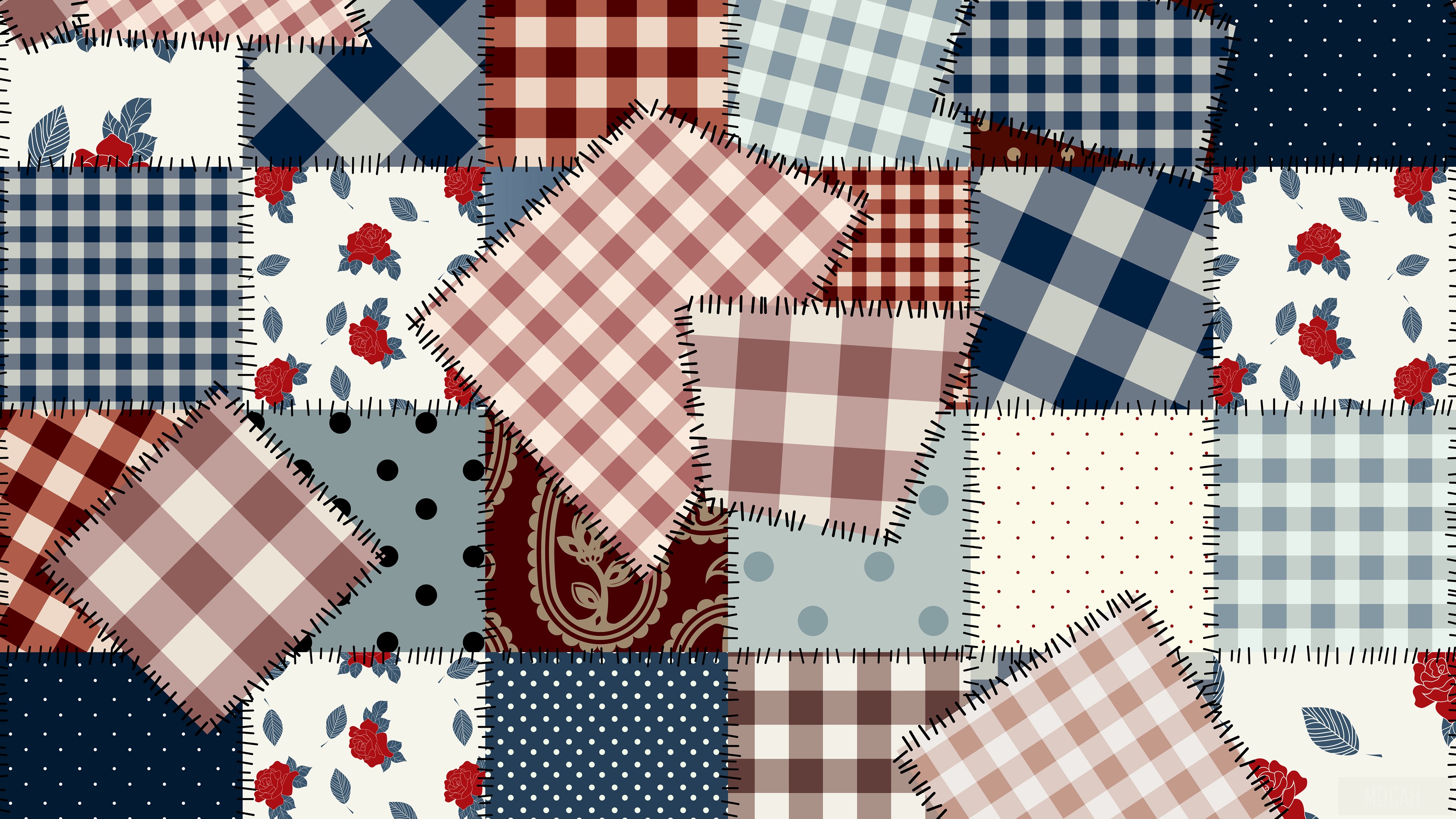 Patchwork Quilt with Floral and Gingham Patterns 4K HD Wallpaper