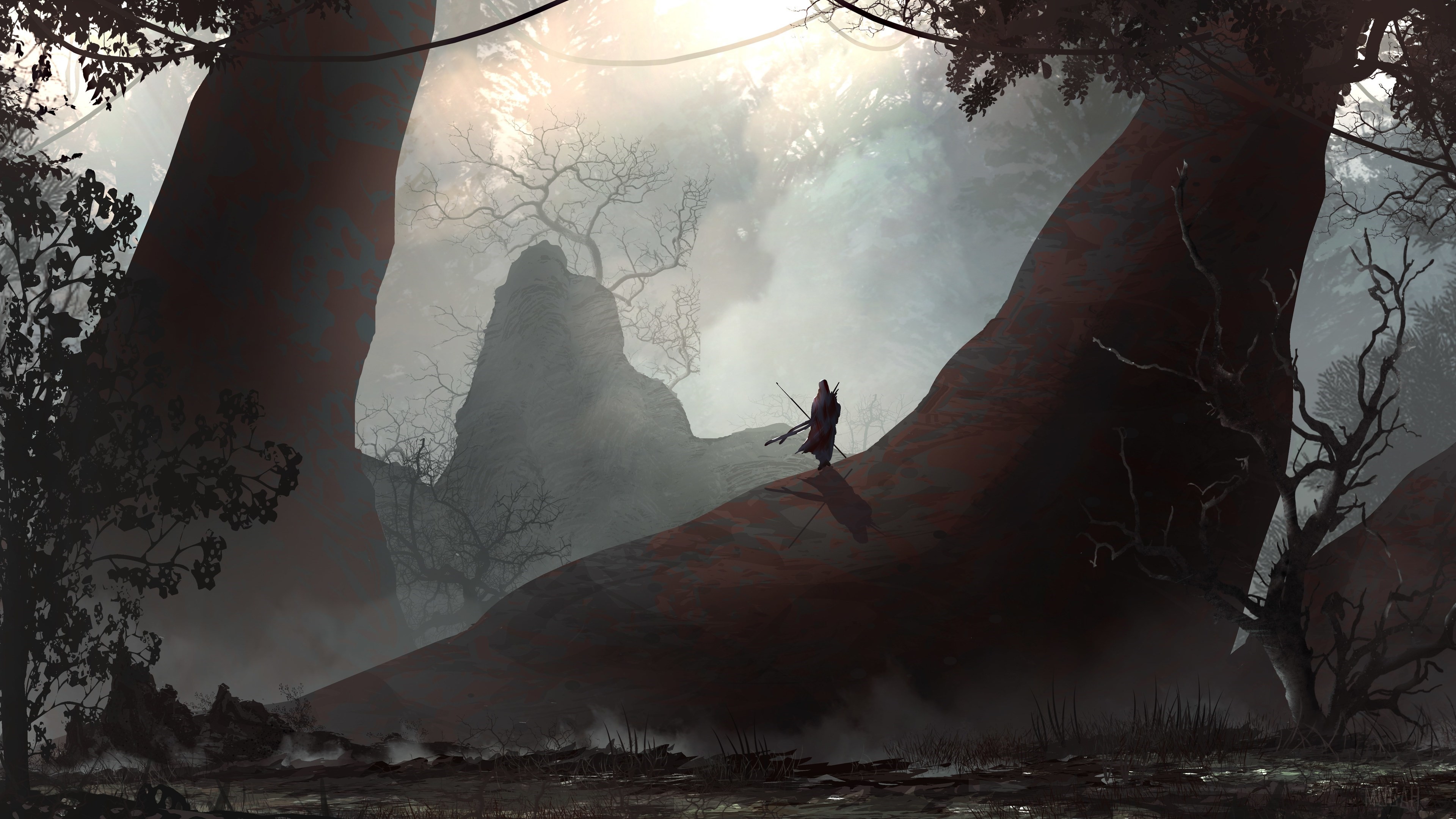 A lone figure walks through a misty, alien forest HD Wallpaper