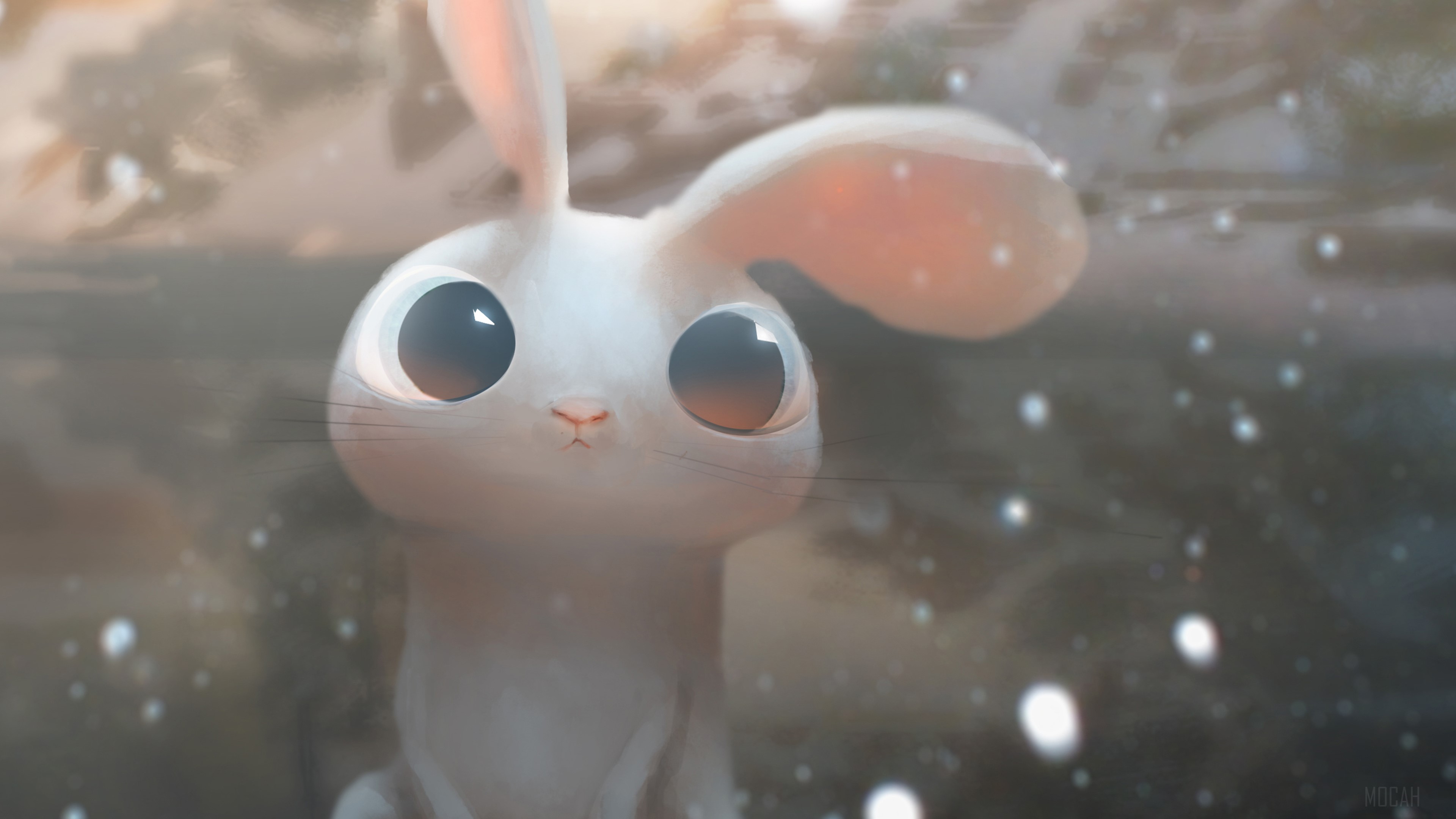 Cute white rabbit with big eyes in snow 4K HD Wallpaper
