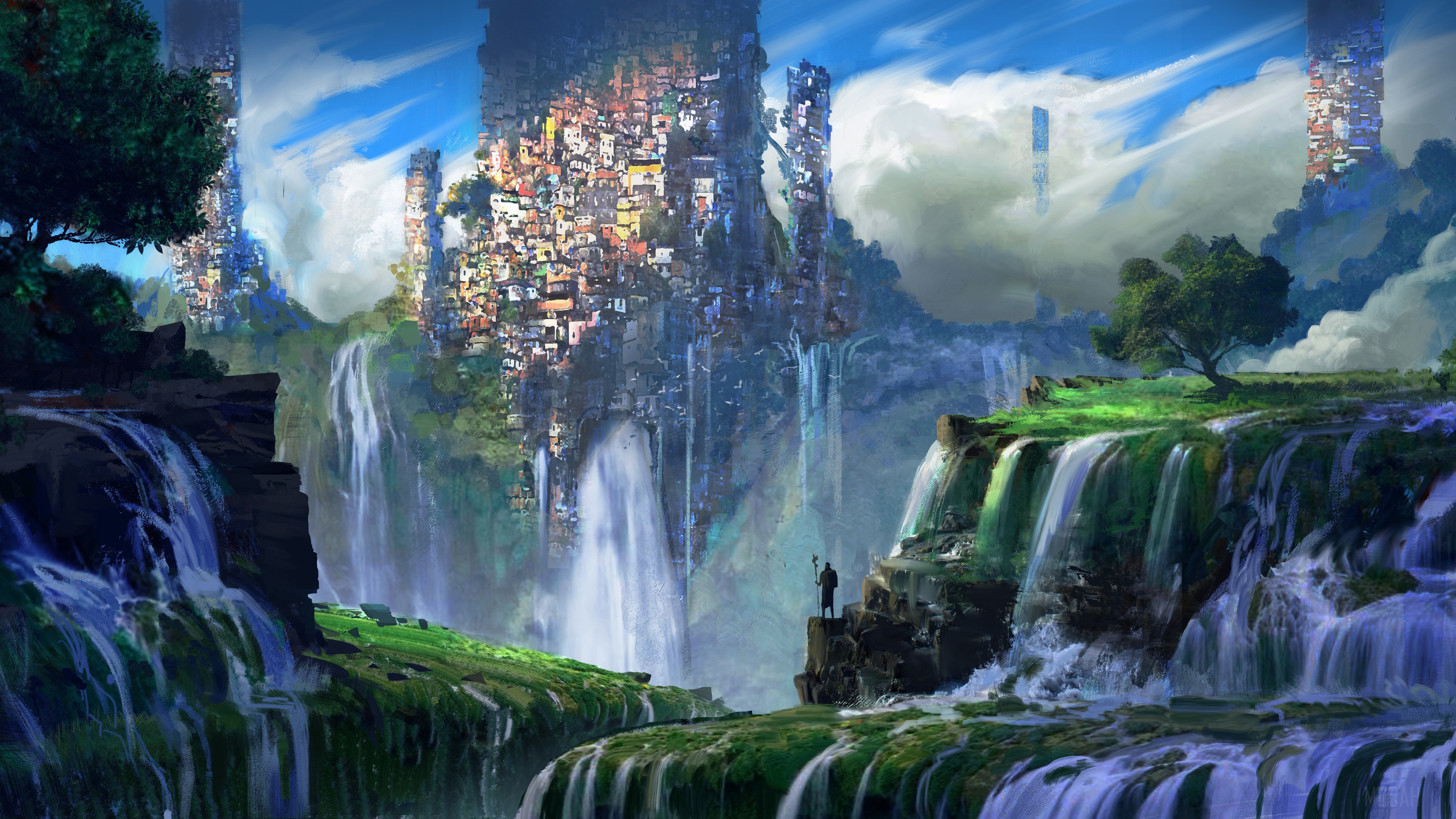 City built on cliffs with waterfalls HD Wallpaper