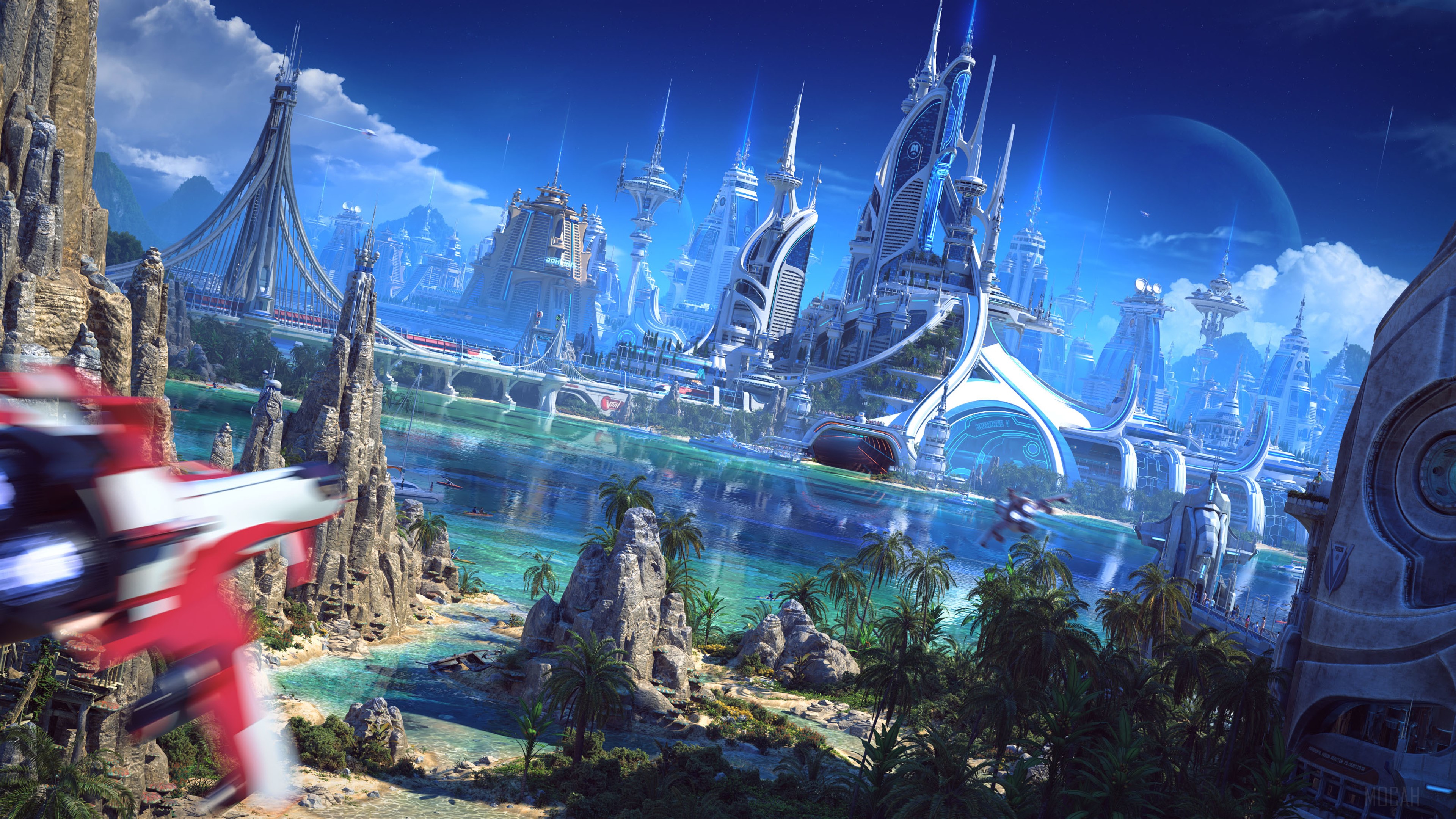 Futuristic Cityscape with Flying Vehicle 4K HD Wallpaper