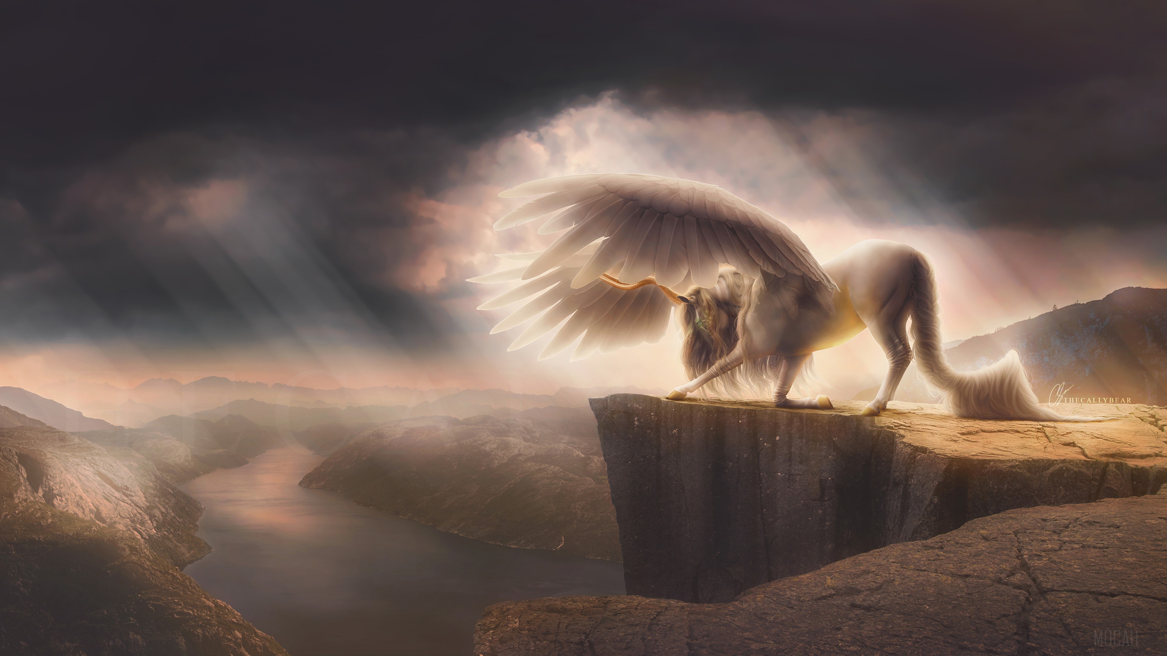 Winged Unicorn on Cliff Edge 4K HD Wallpaper