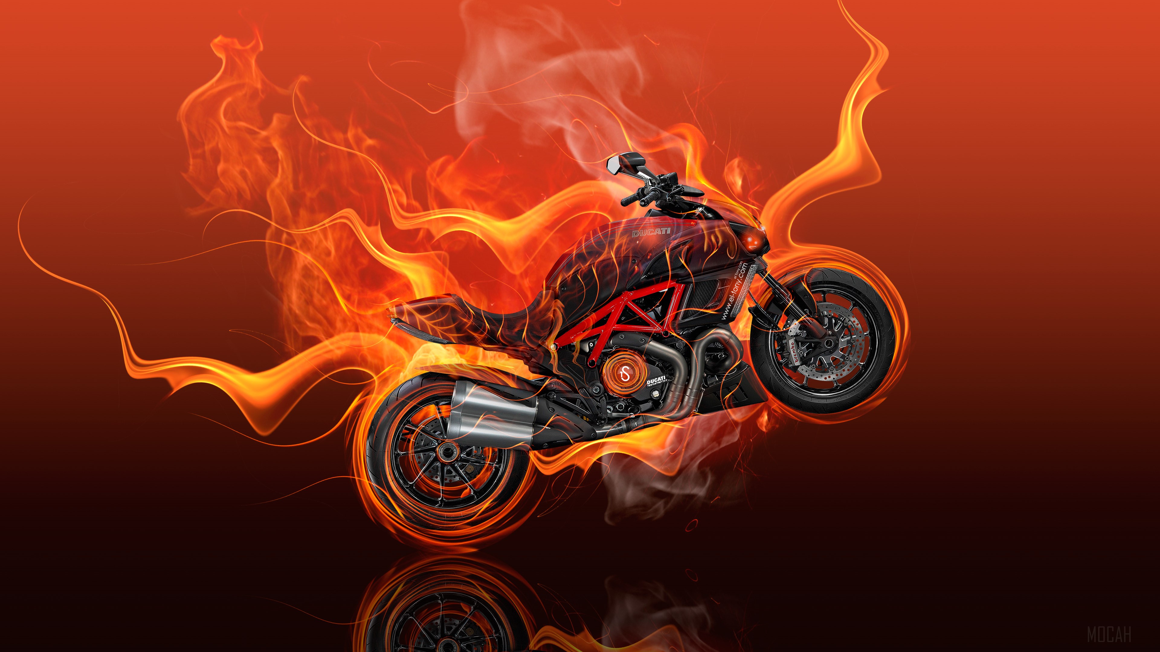 Ducati Diavel motorcycle engulfed in flames 4K HD Wallpaper