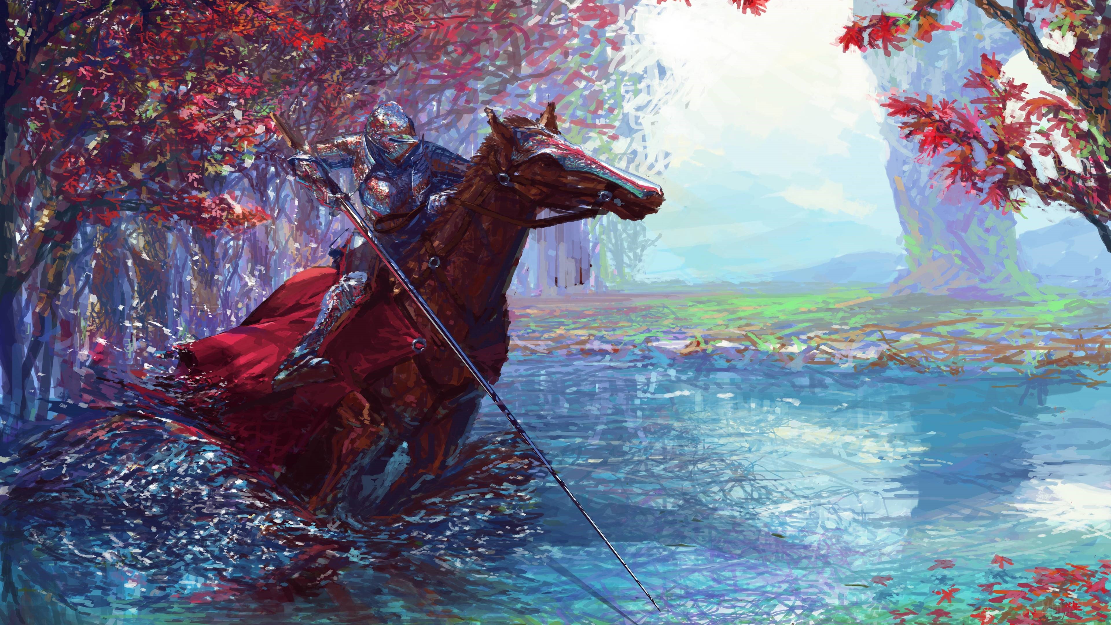Knight in Armor Riding Horse Through Water HD Wallpaper