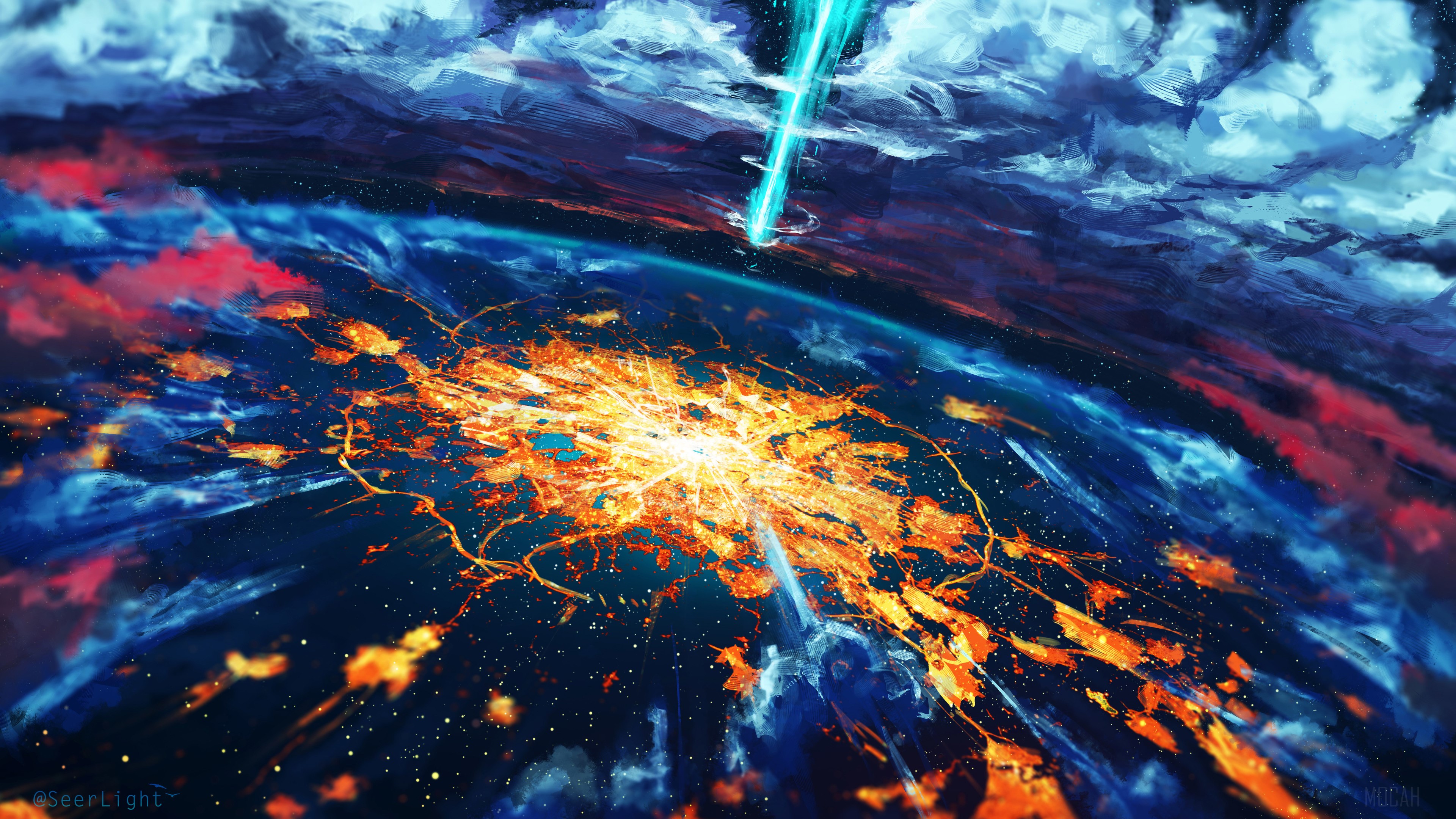 Fantasy Landscape with City and Energy Beam 4K HD Wallpaper