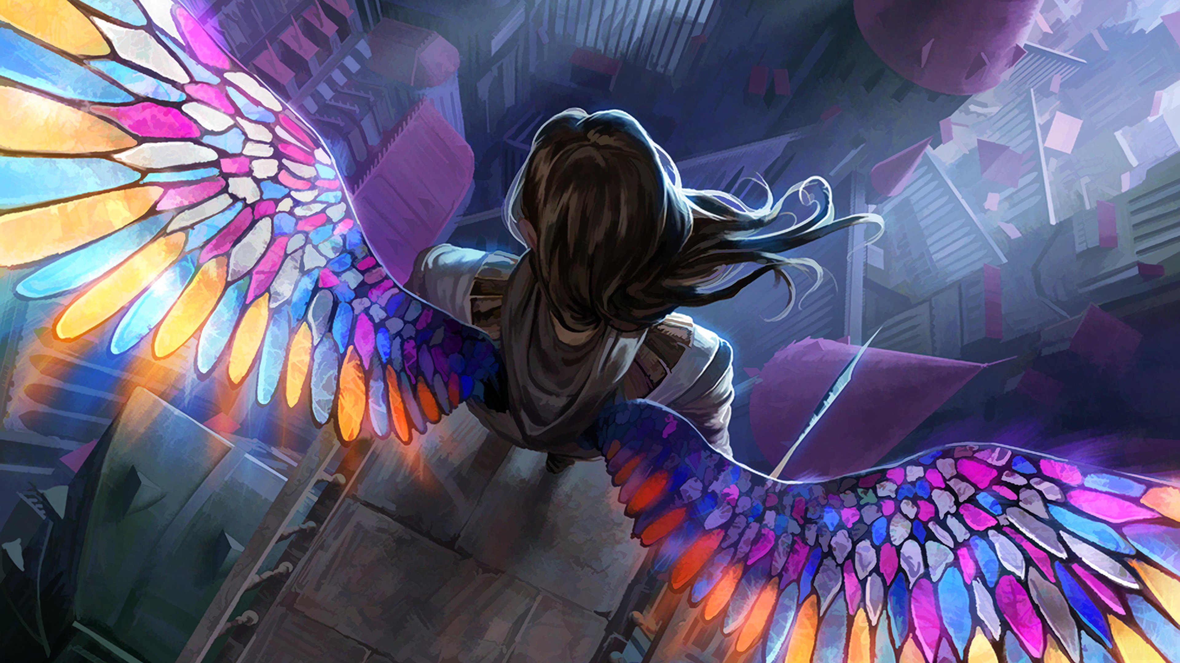 Angel with Colorful Wings in a Cityscape 4K HD Wallpaper