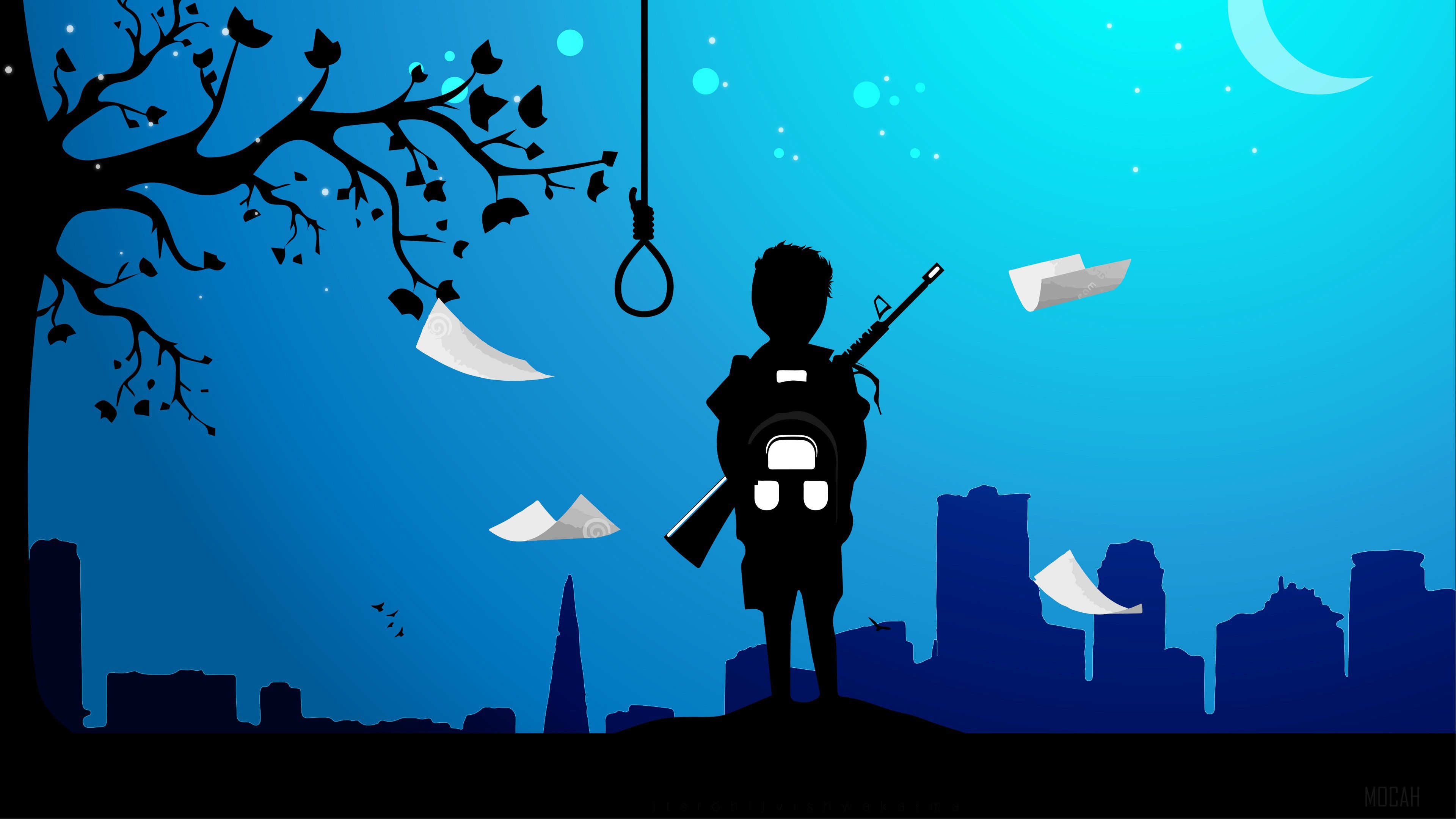 Silhouette of a child with a rifle and backpack under a noose HD Wallpaper