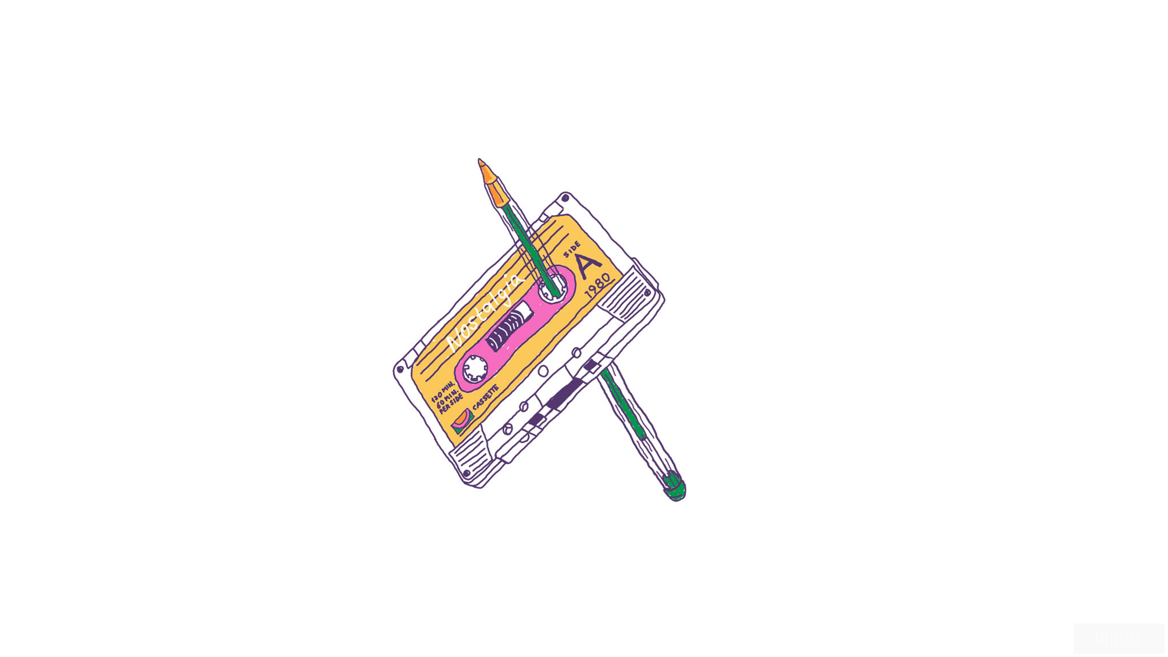 Minimalist illustration of a cassette tape with pens HD Wallpaper